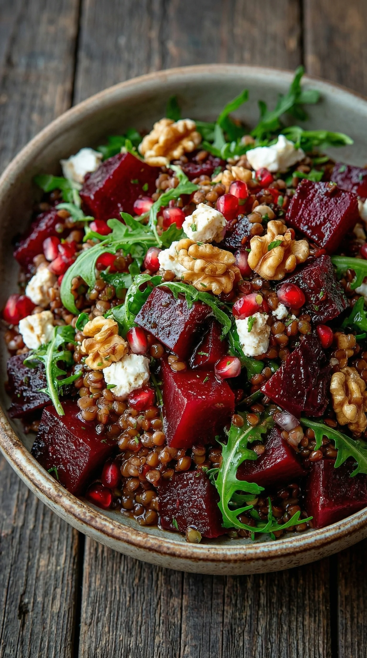 Ein Salat aus roter Bete, Linsen und Salat.