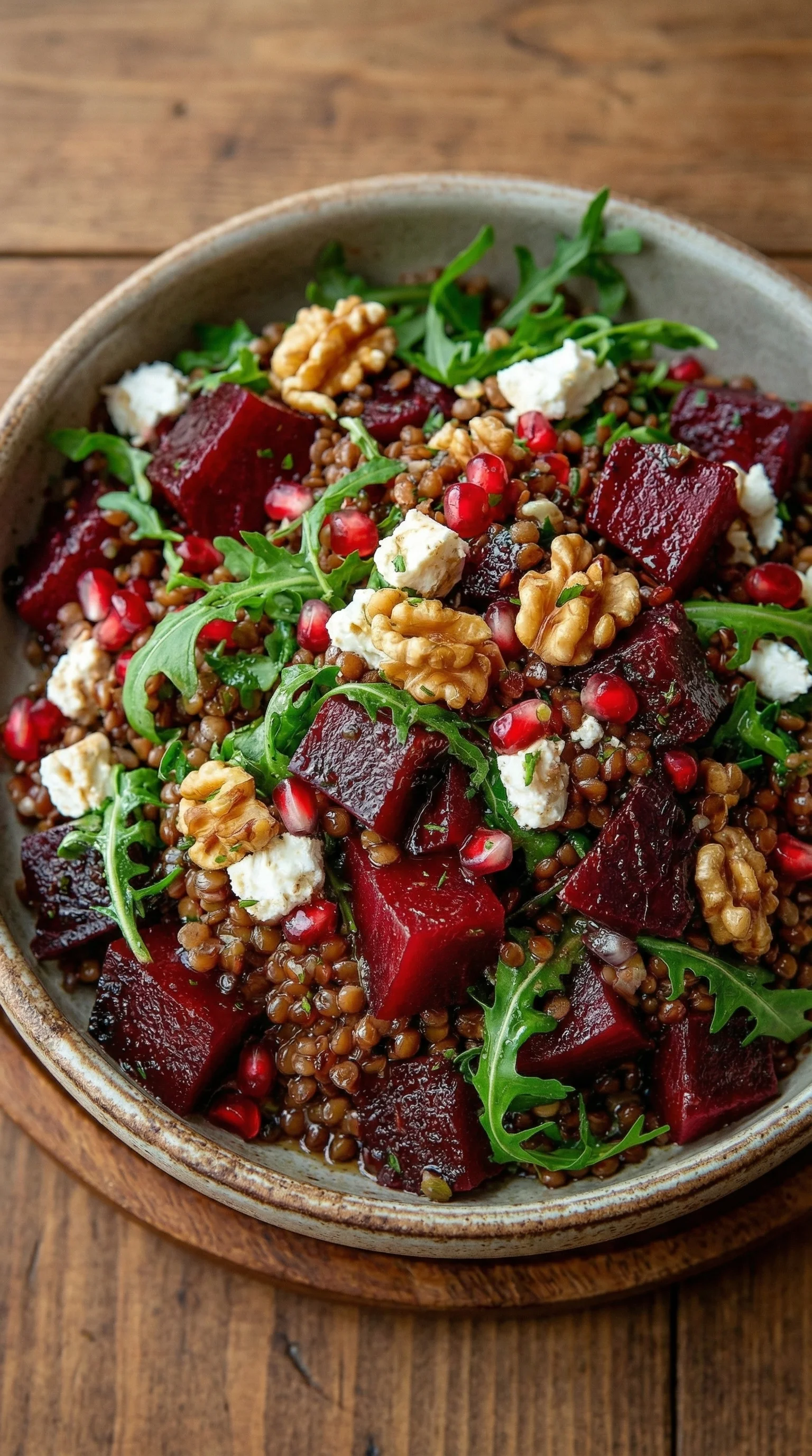 Ein Salat aus roter Bete, Linsen und Nüssen.