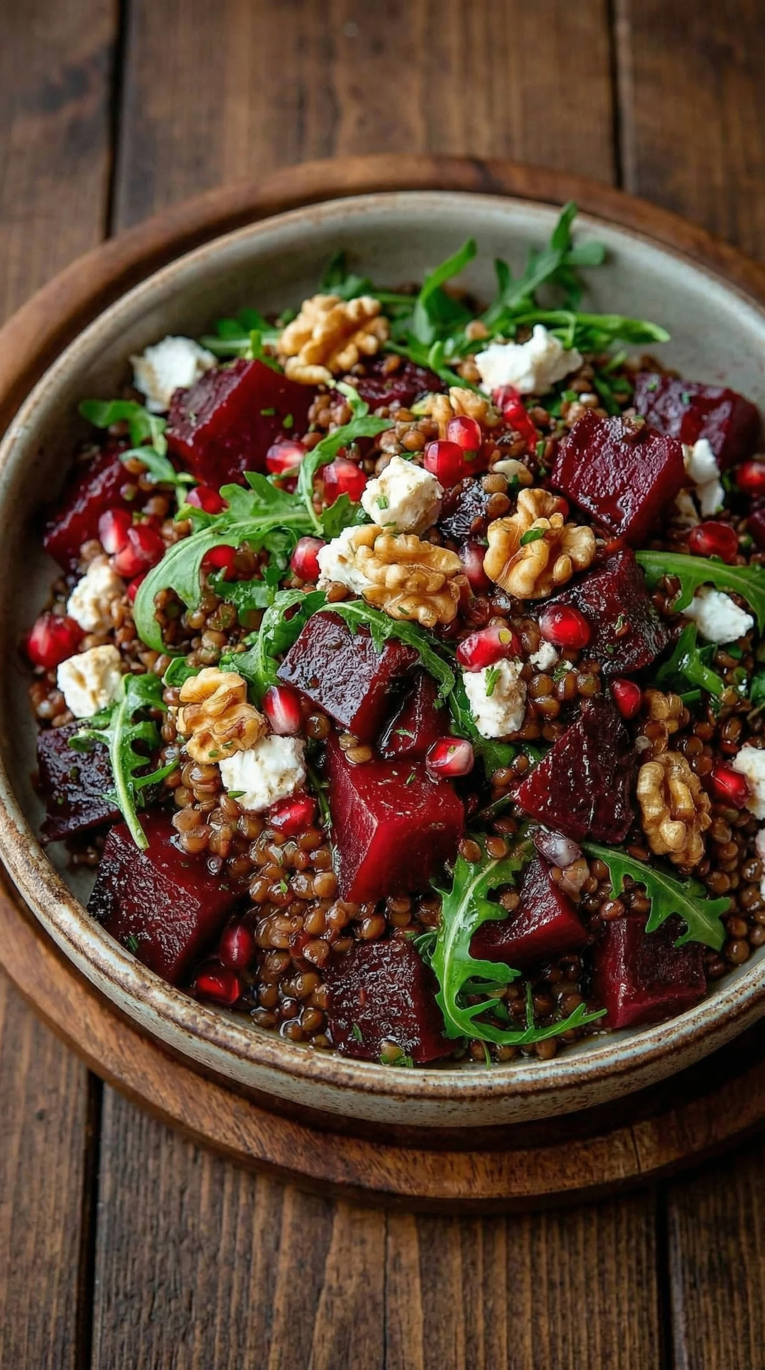Ein Beet Salat mit Linsen und Walnüssen.