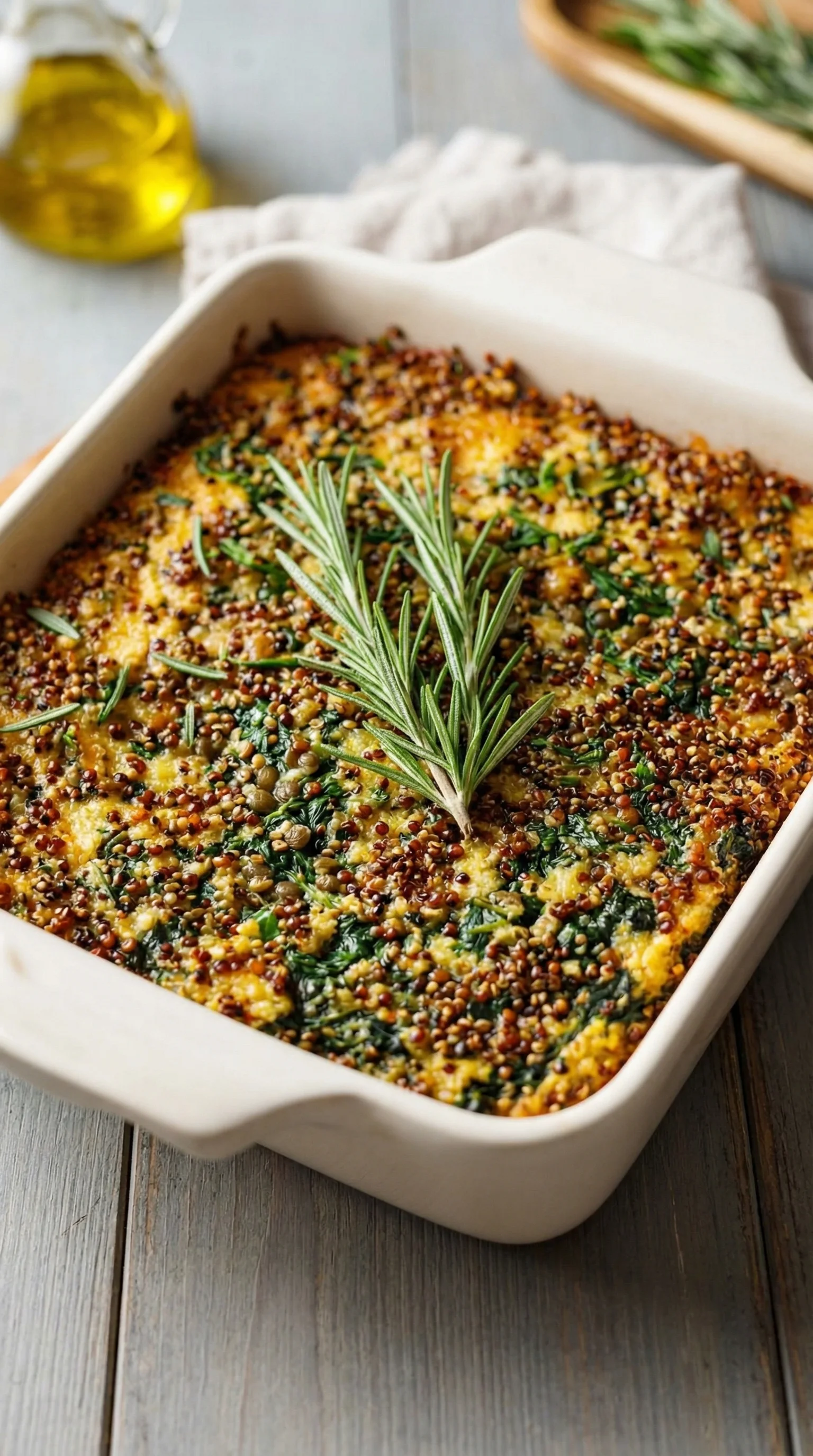 Ein weißer Behälter mit einem Quinoa- und Linsen-Spinat-Auflauf.