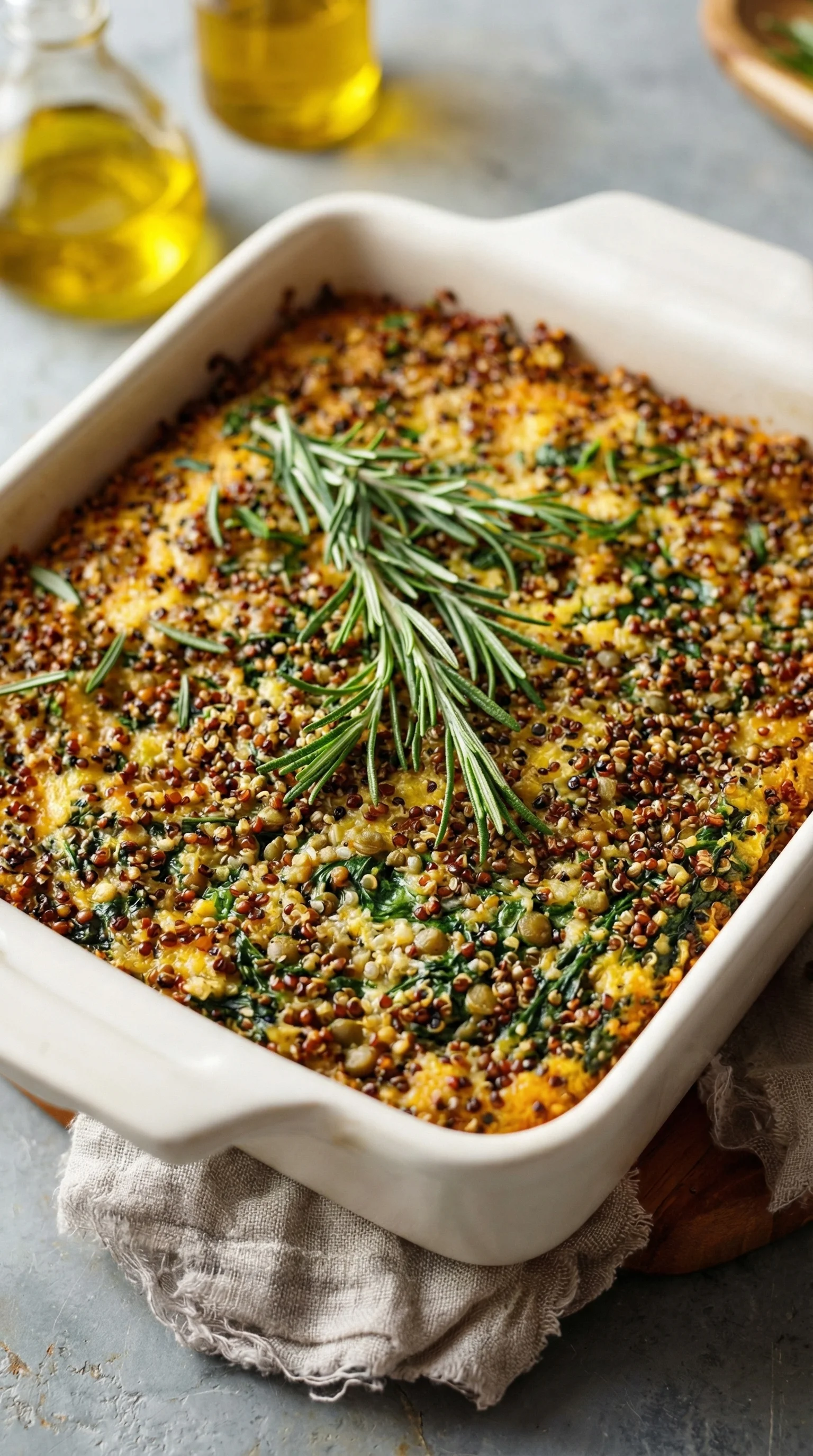 Ein weißer Teller mit einem Quinoa-&-Linsen-Spinat-Auflauf, der mit Spinat und Quinoa belegt ist.