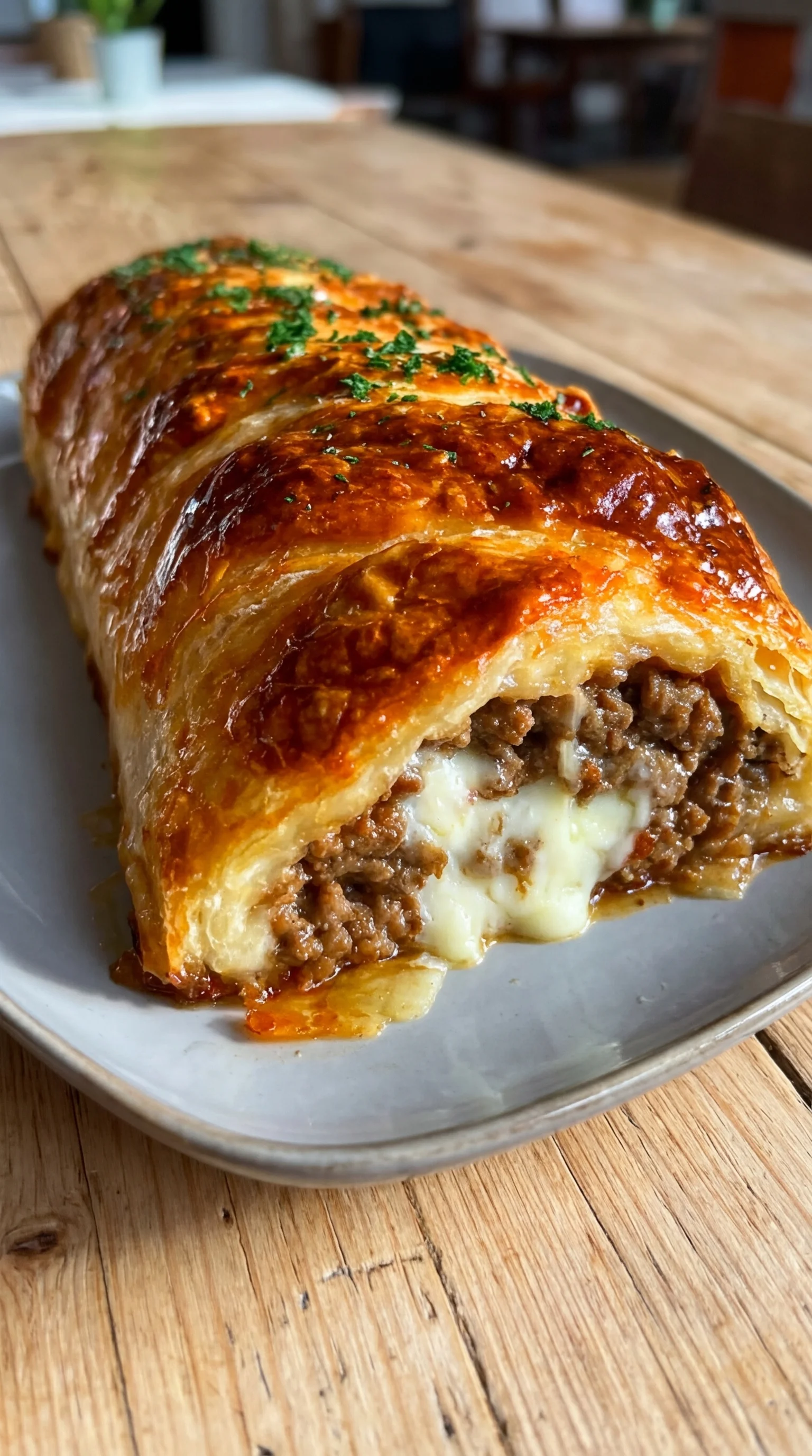 Eine Rolle Hackfleisch Käse Genuss auf einem Teller.