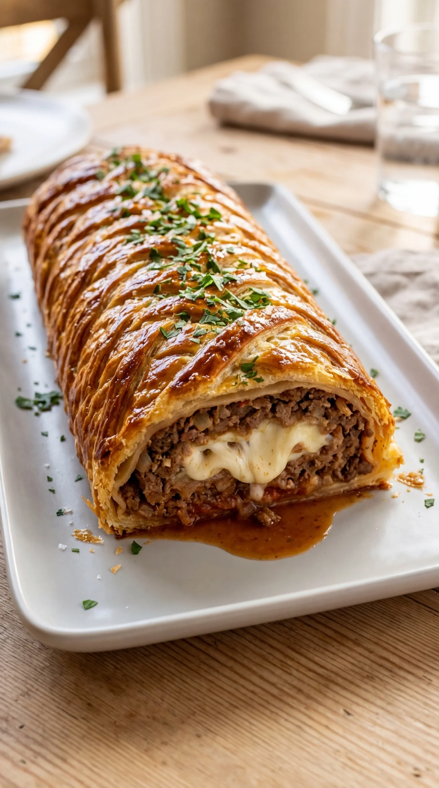 Eine Rolle Hackfleisch Käse Genuss auf einem Teller.