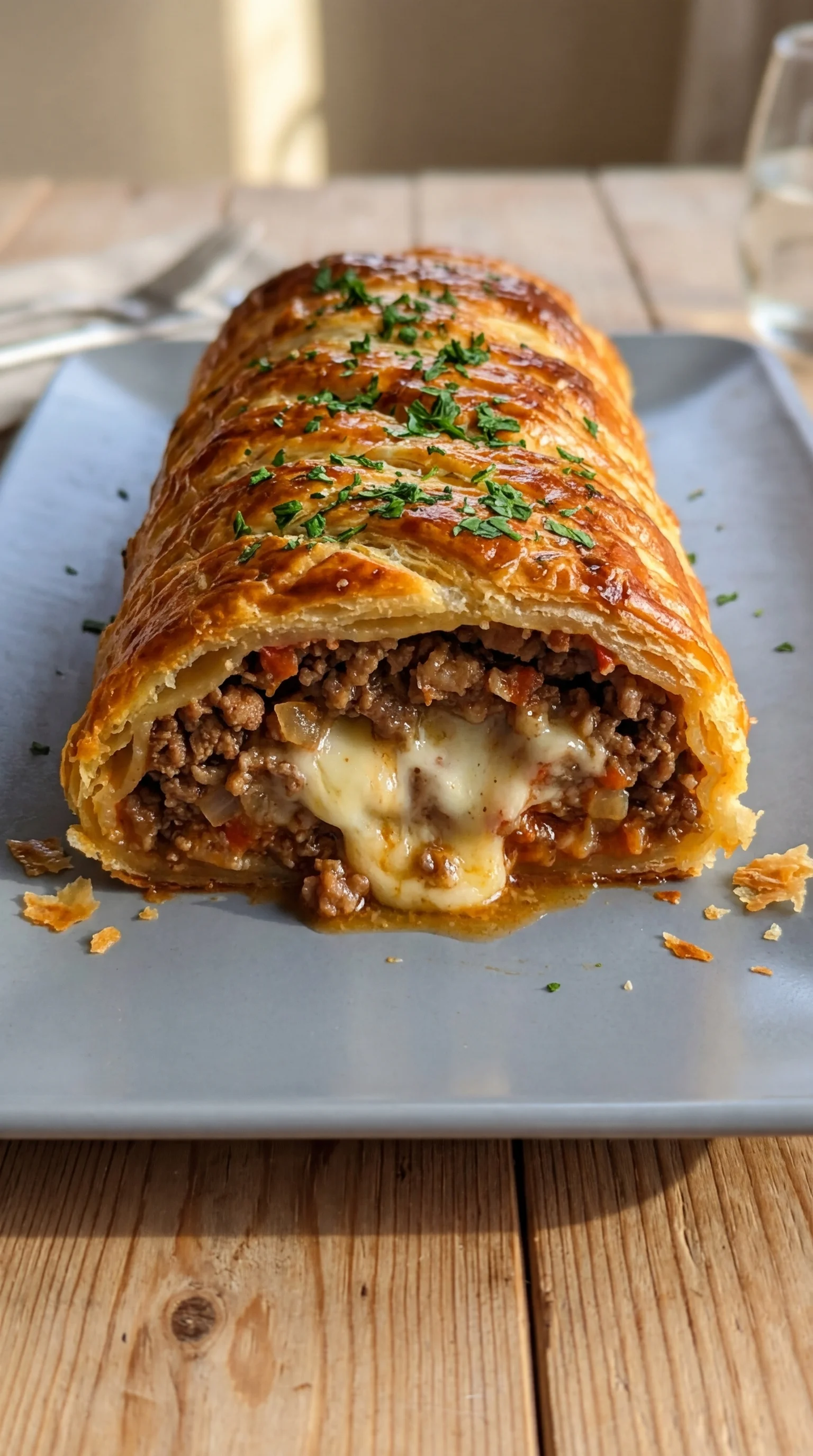Eine Rolle Hackfleisch Käse Genuss auf einem Teller