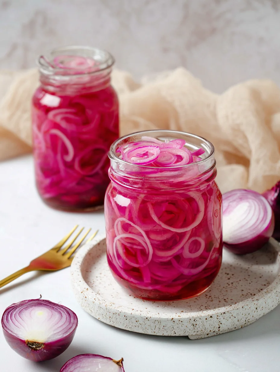 Zwei Glas mit eingelegten Zwiebeln.