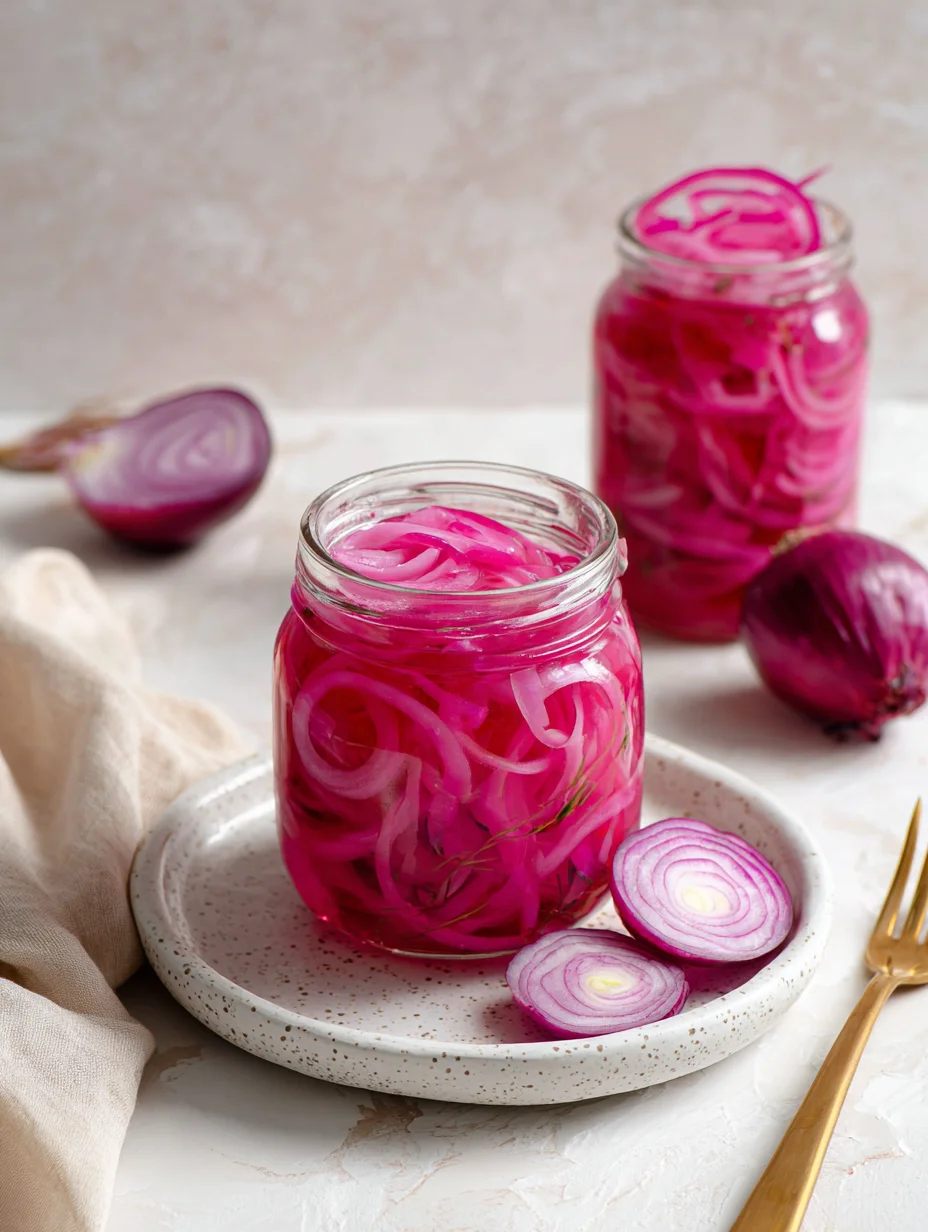 Zwei gläserne Behälter mit eingelegten Zwiebeln.