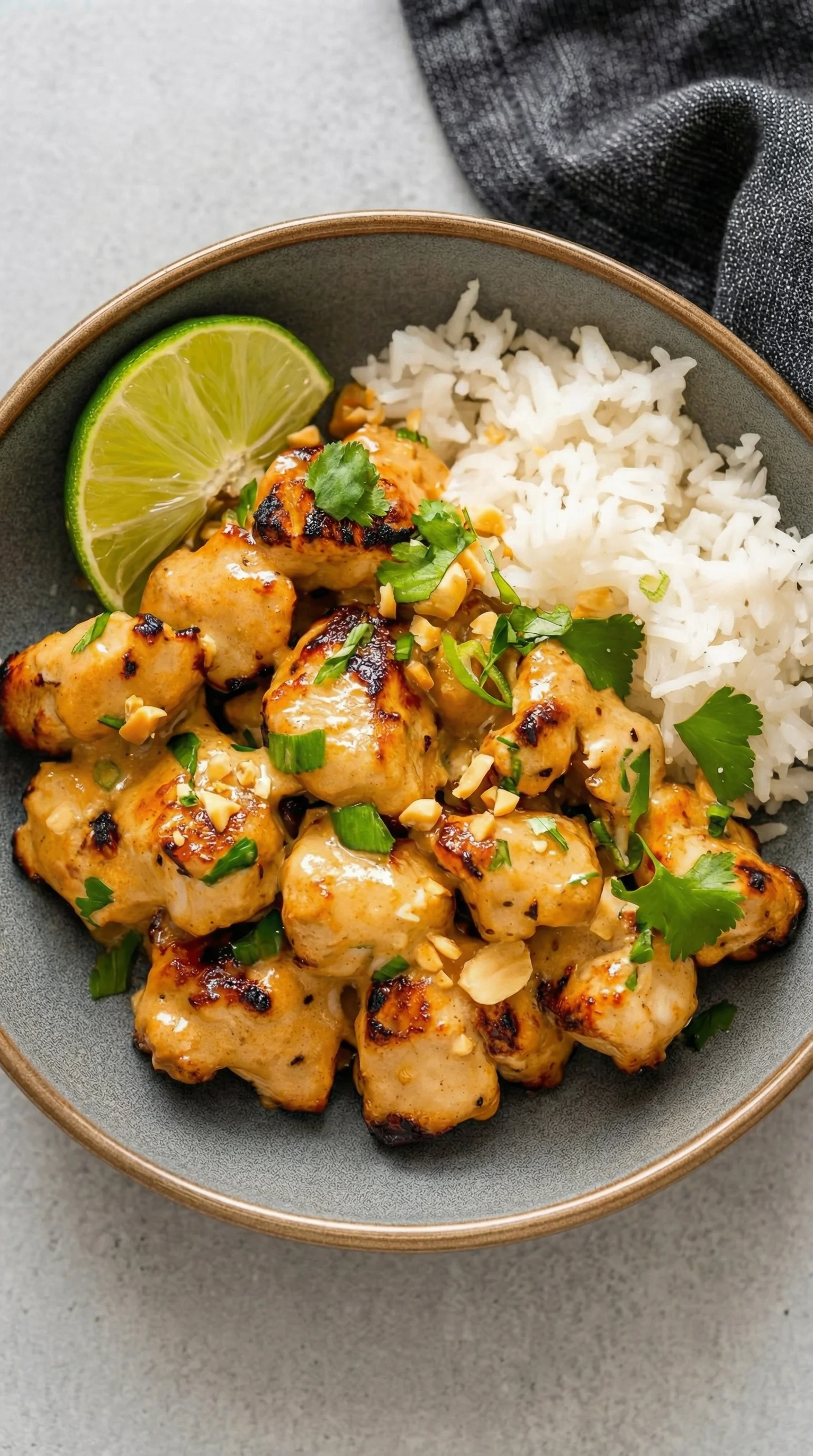 Ein Schüssel mit Thailändisches Erdnuss-Hühnchen, garniert mit Lime und Zwiebeln.