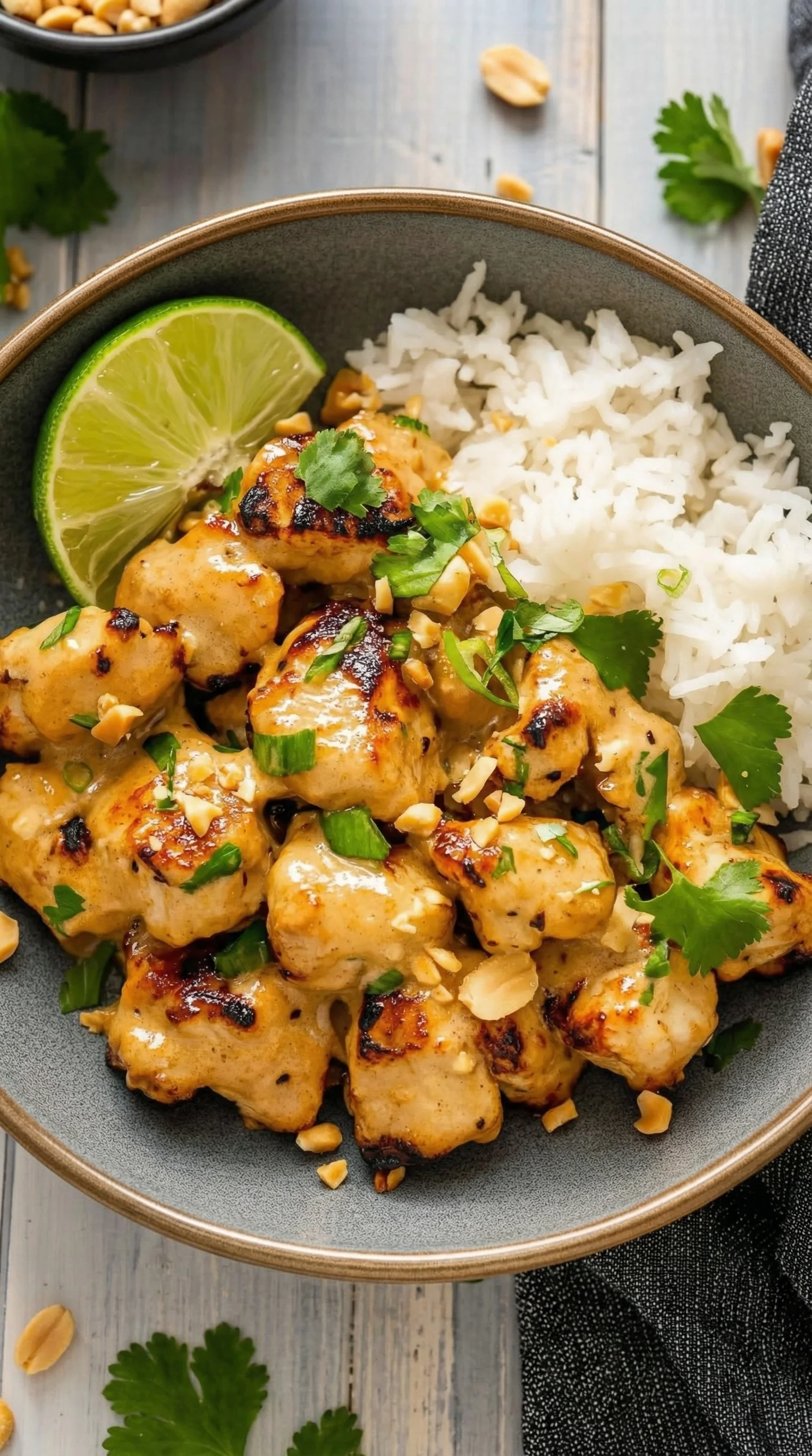 Ein Bild von Thailändisches Erdnuss-Hühnchen, das in einem Schüsselchen mit Reis und einer Zwiebel serviert wird.