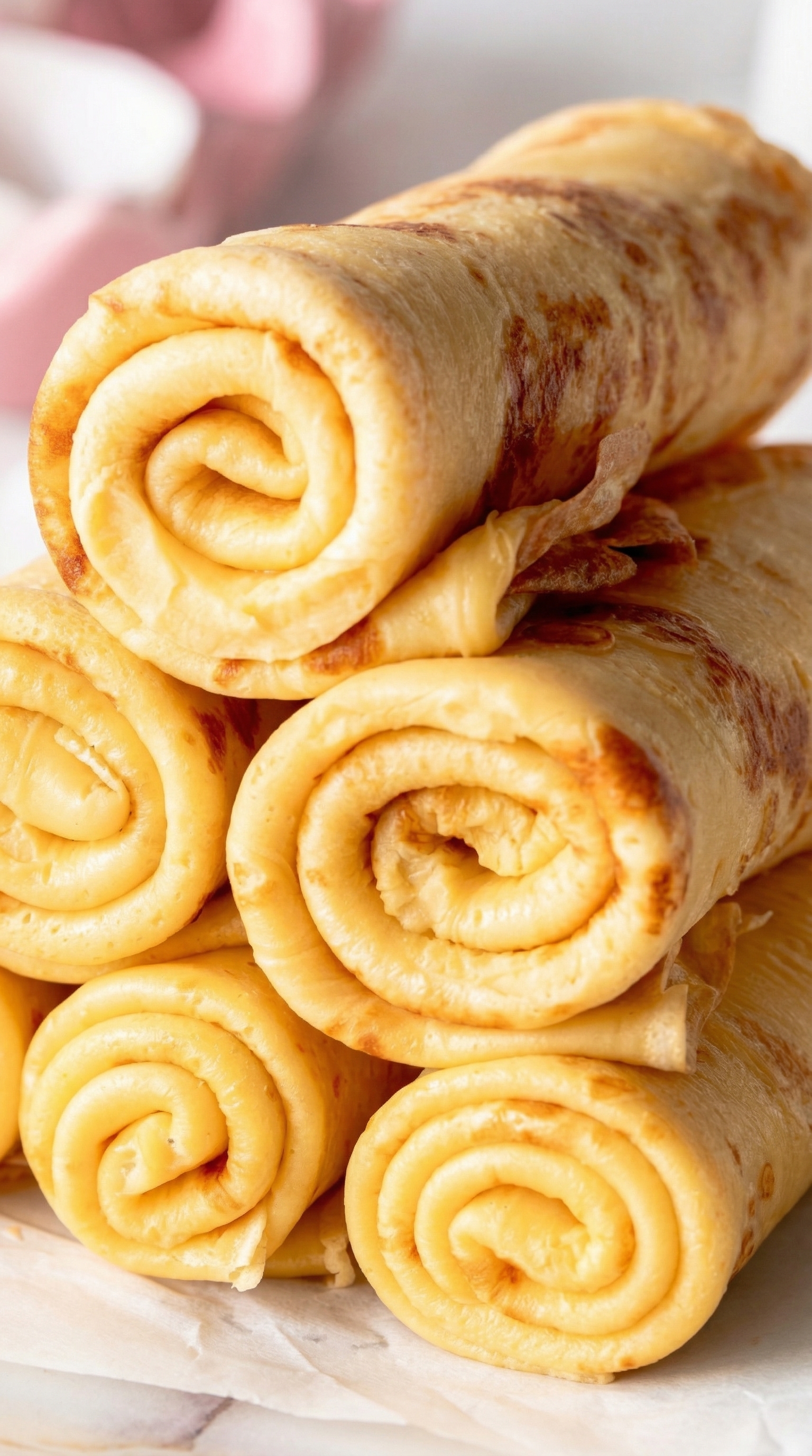 Eine Anzahl von Saftigen Quarkpfannkuchen, die in einer Schicht auf einem Teller liegen.