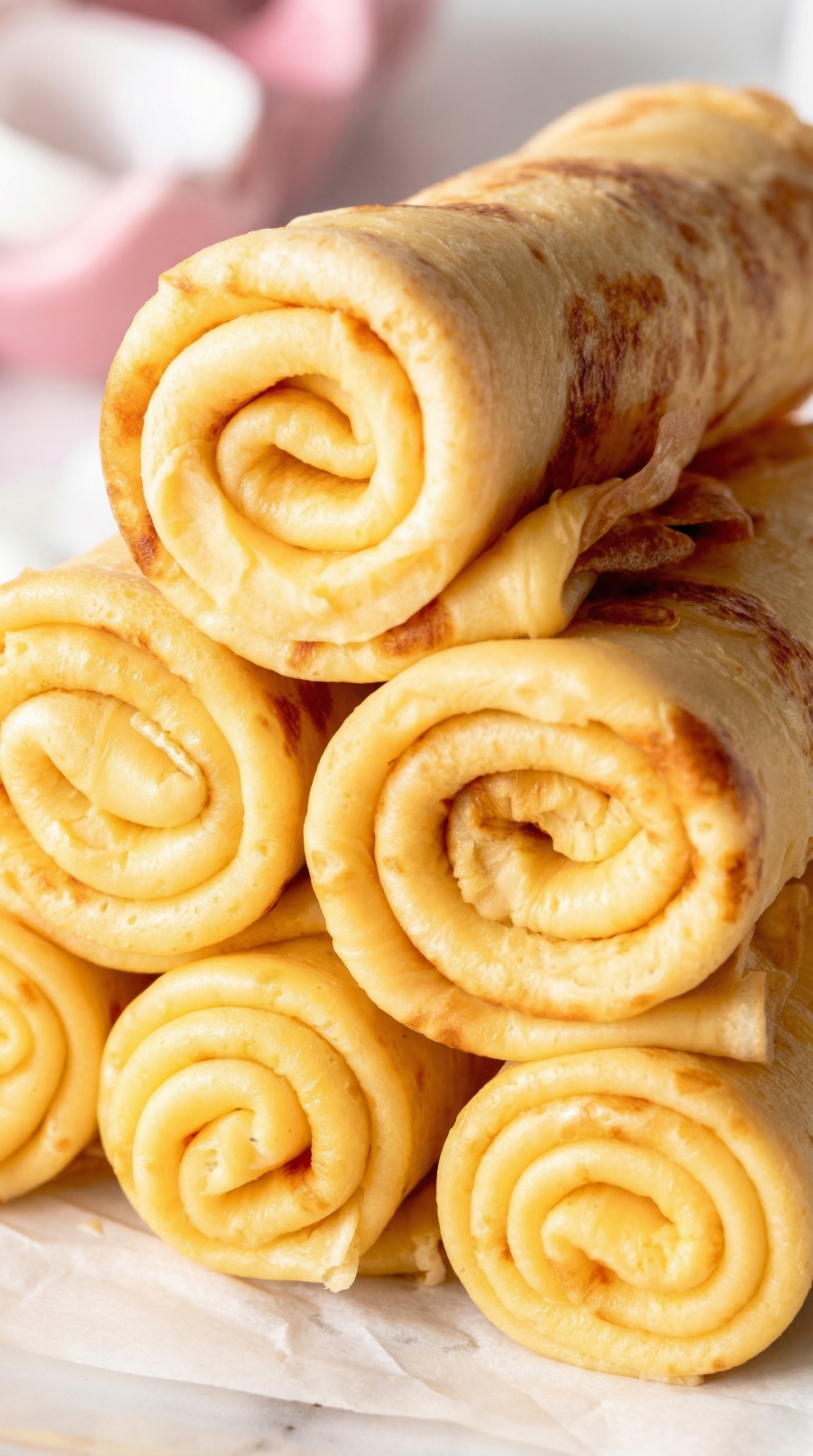 Eine Schicht von Saftigen Quarkpfannkuchen, die in Rollen aufbewahrt werden.