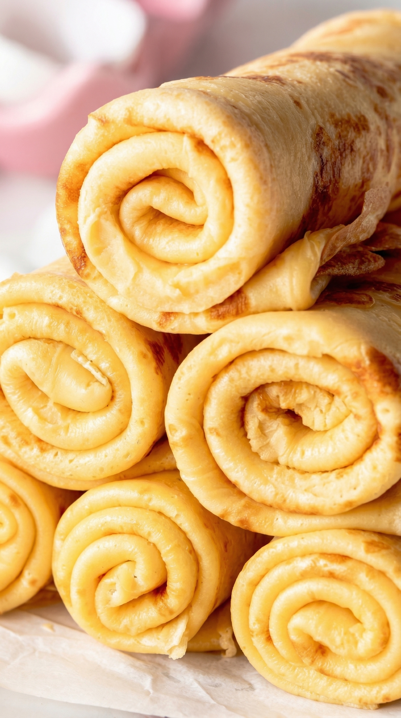 Eine Schicht aus Quark und Teig, die in Rollen formiert und gebacken wurde.