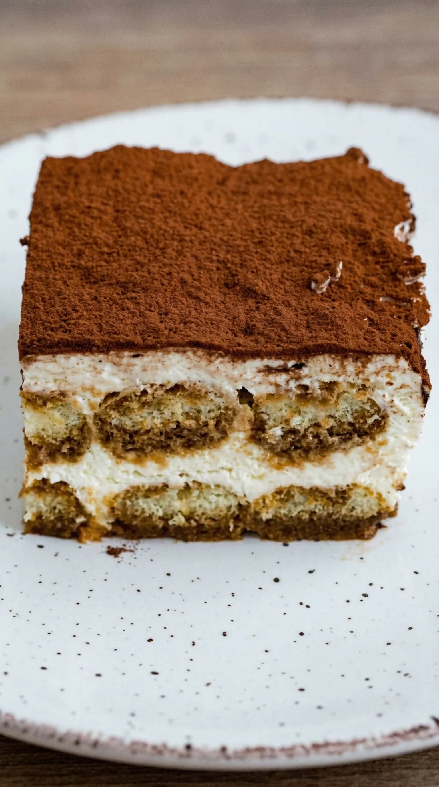 Ein Stück Tiramisu nach italienischer Art, bestehend aus einer Schicht Vanille-Creme, einer Schicht Kaffeebohnen-Creme und einer Schicht Schokolade.