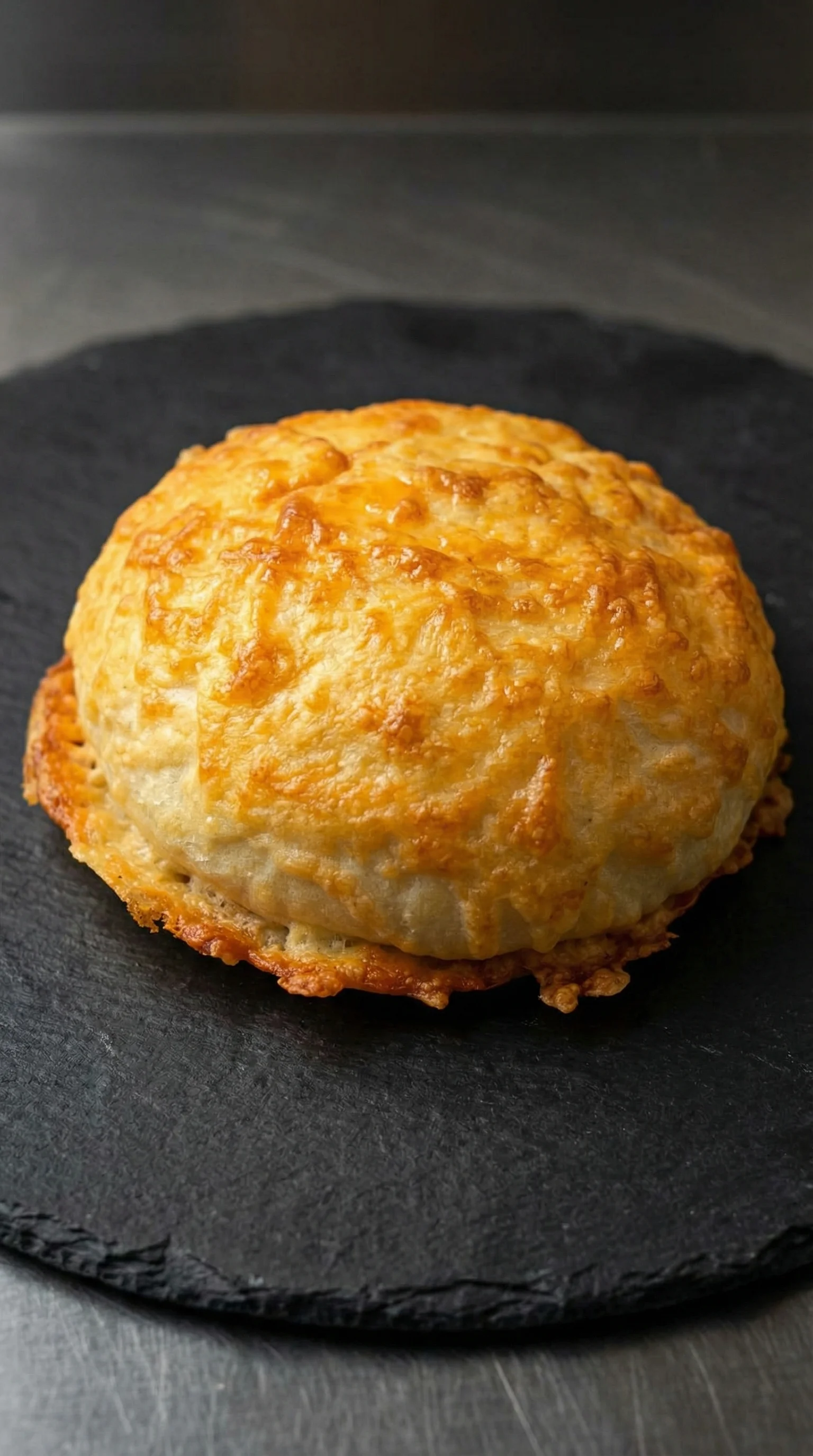 Ein Käsebrötchen auf einem Teller.