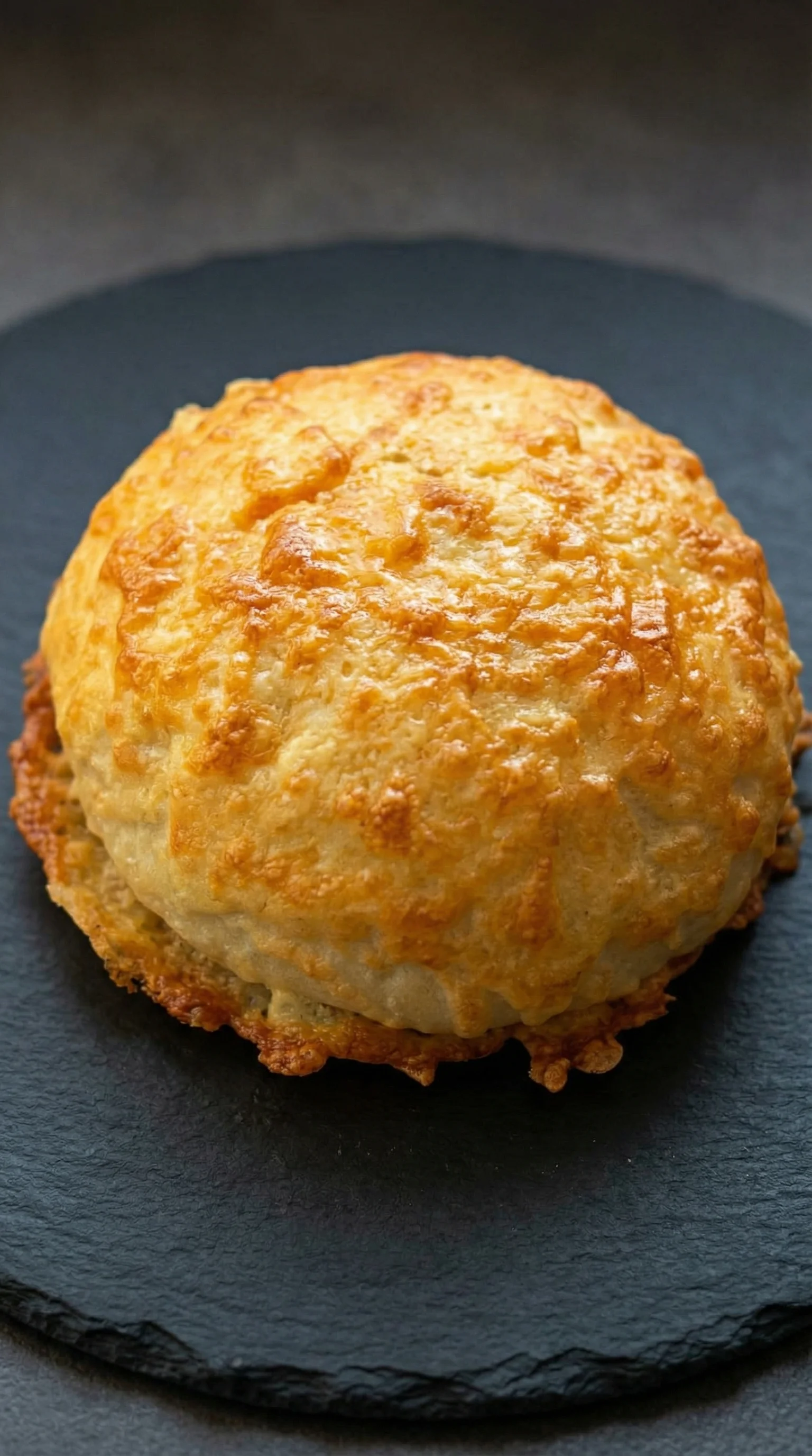 Ein Käsebrötchen auf einem Teller.