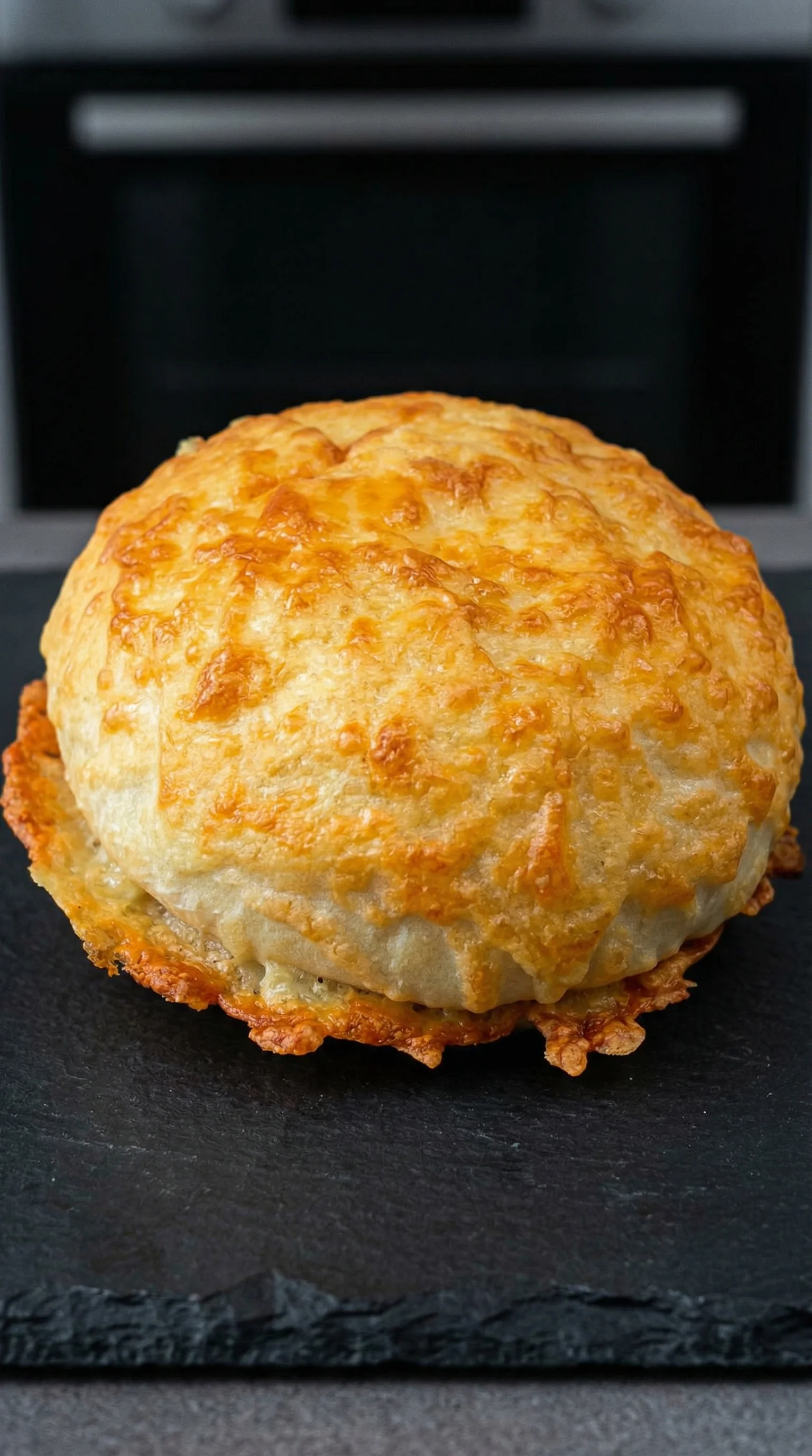 Ein Käsebrötchen mit Käse und Zwiebeln auf einem Teller.