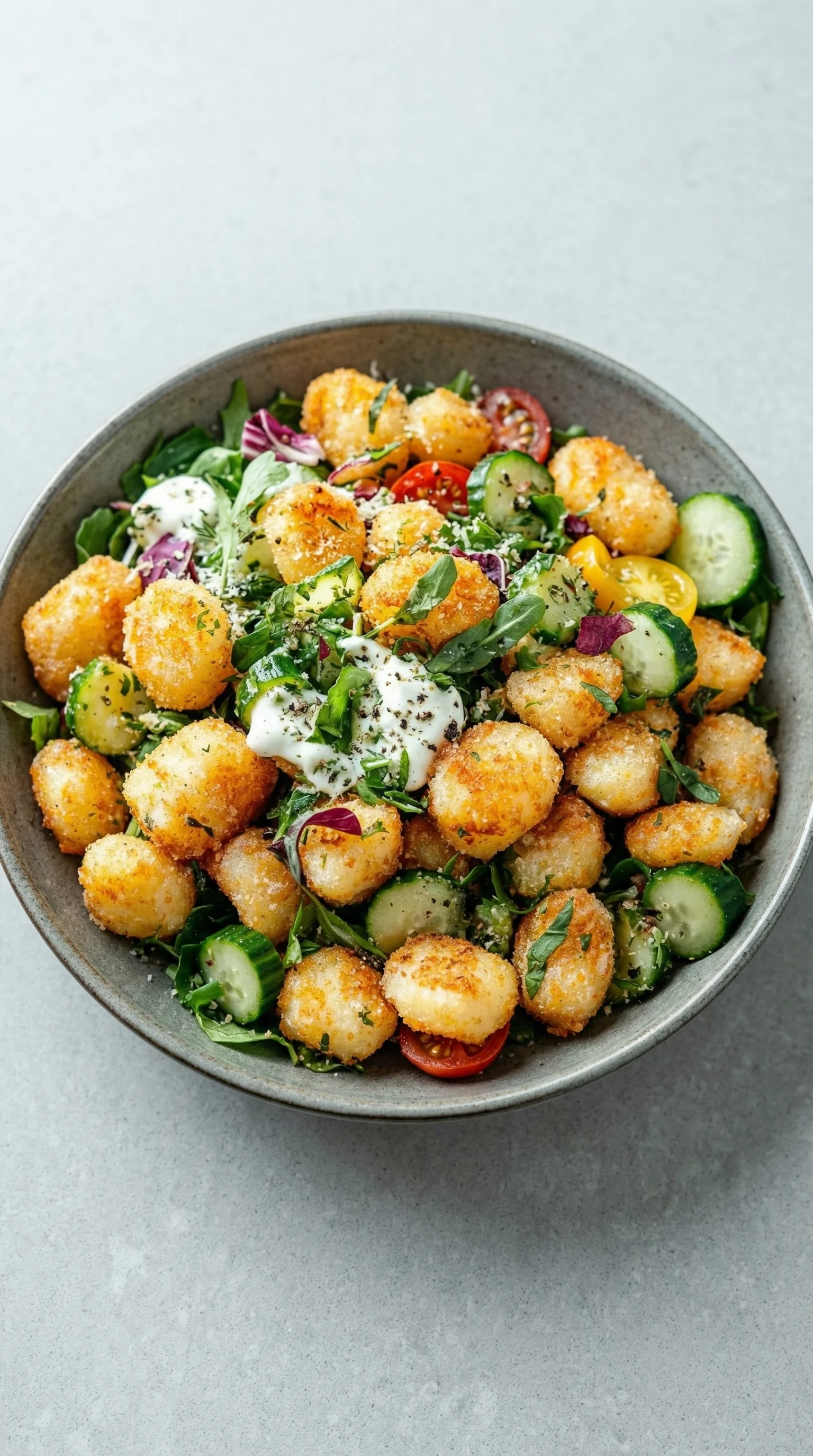Ein Schüssel mit Gnocchi-Salat und Joghurt-Dressing.