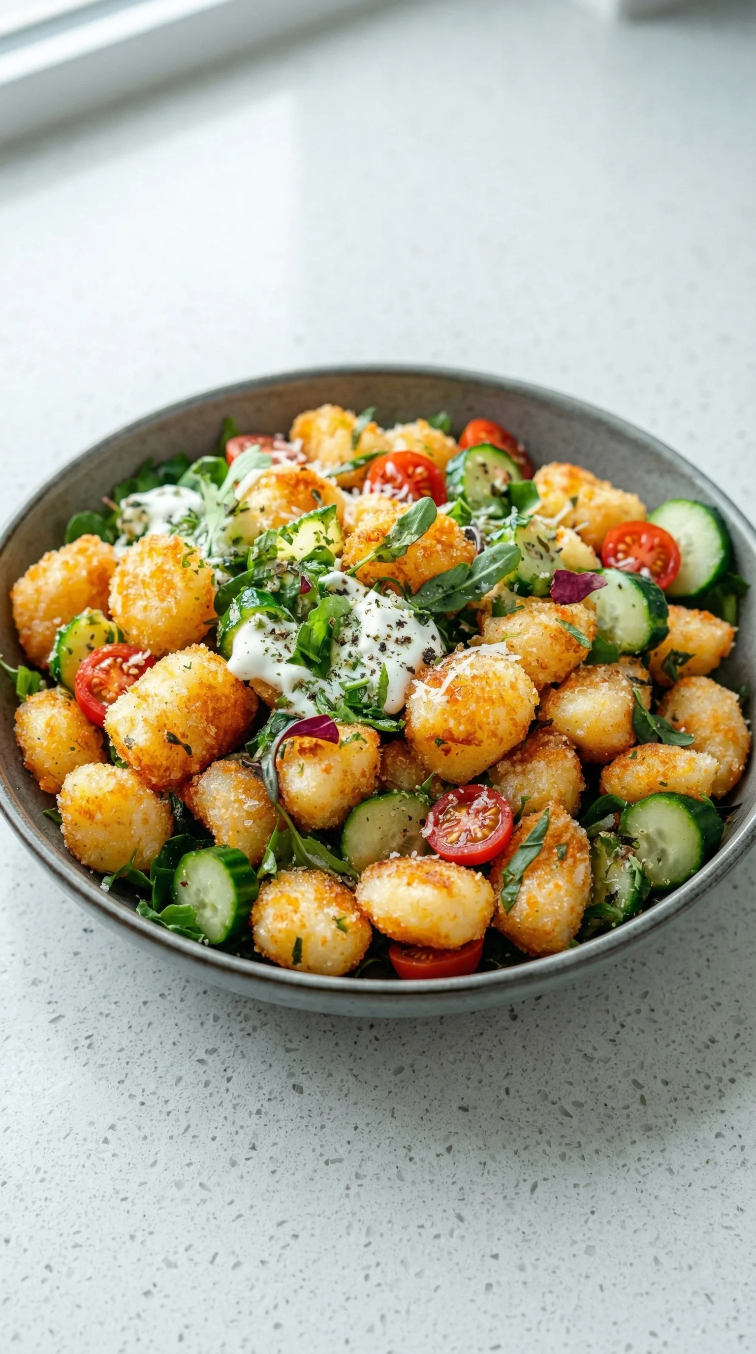 Ein Schüssel mit Gnocchi-Salat und Joghurt-Dressing.
