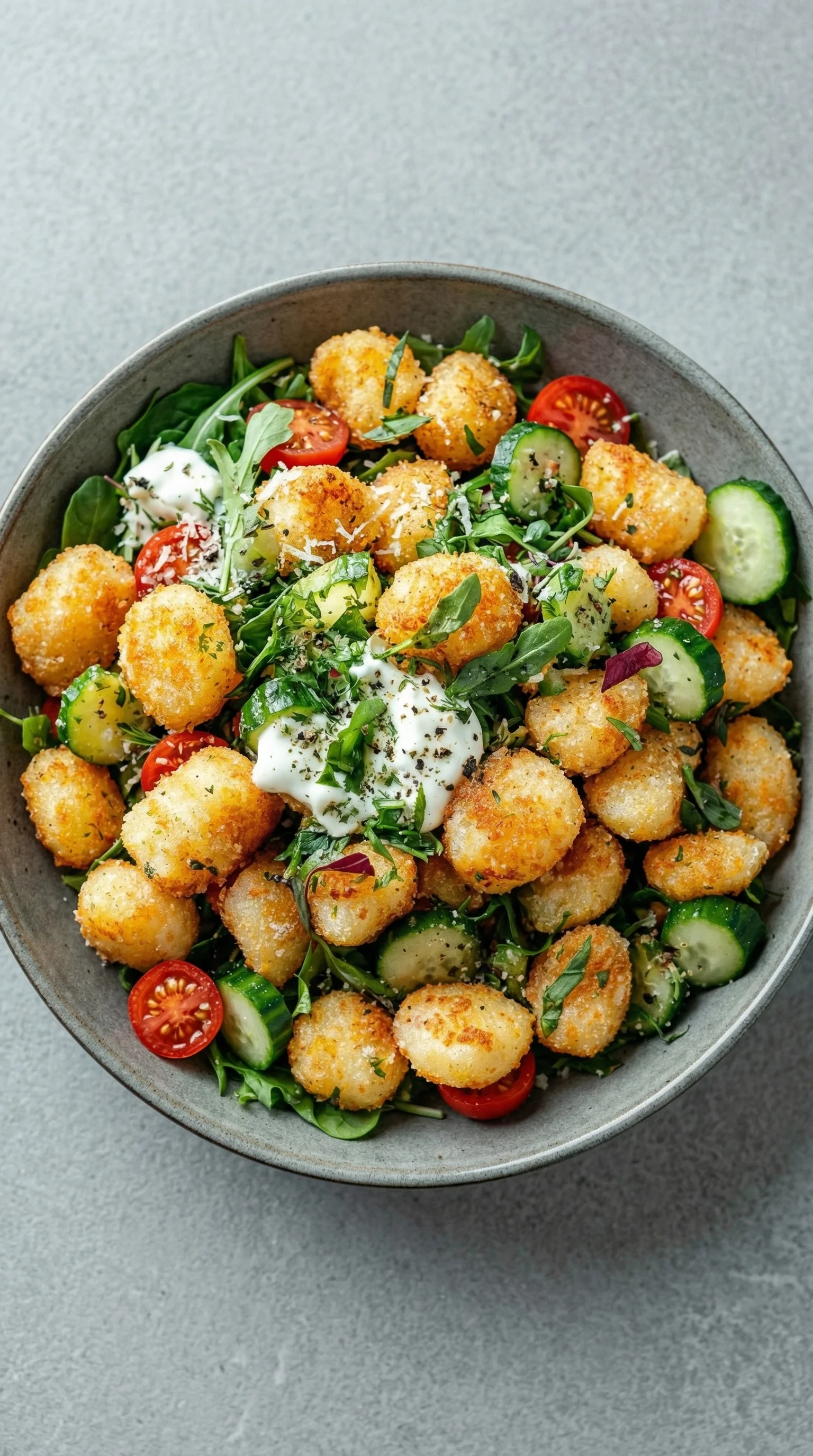 Ein Schüssel mit Gnocchi-Salat und Joghurt-Dressing.