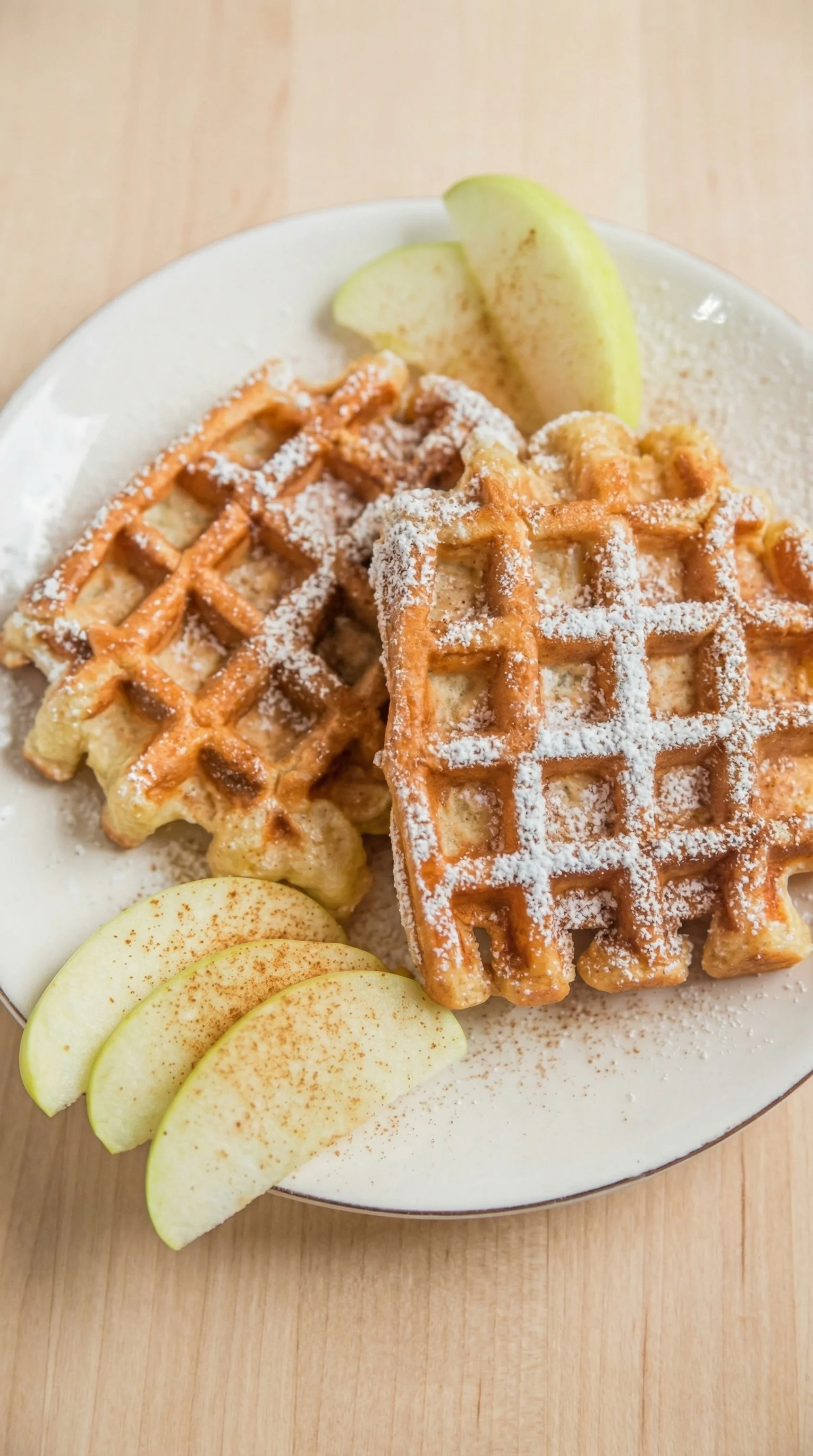 Ein weißer Teller mit veganen Waffeln aus Haferflocken und Apfelmus.