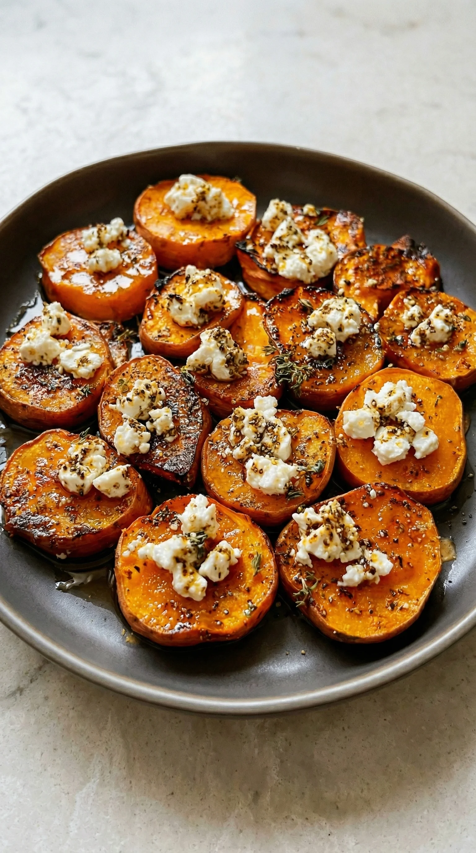 Ein Plate mit Runden Kartoffeln, die mit Honig und Feta garniert sind.