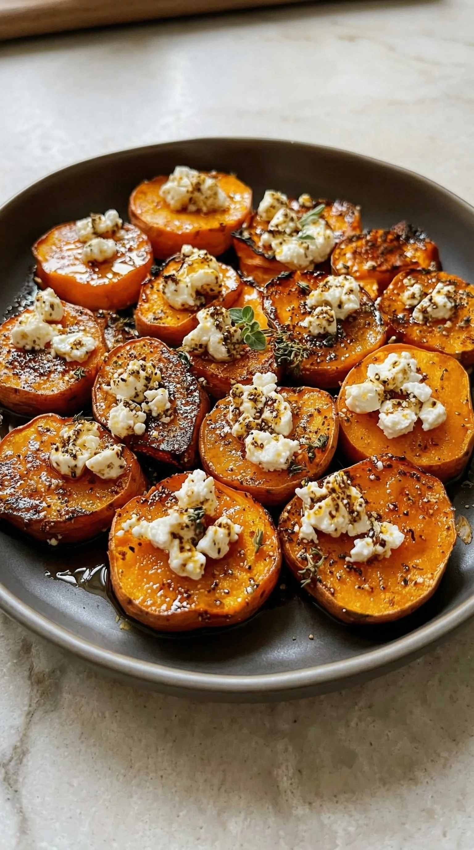 Ein Plate mit Runden Kartoffeln, die mit Feta und Honig garniert sind.