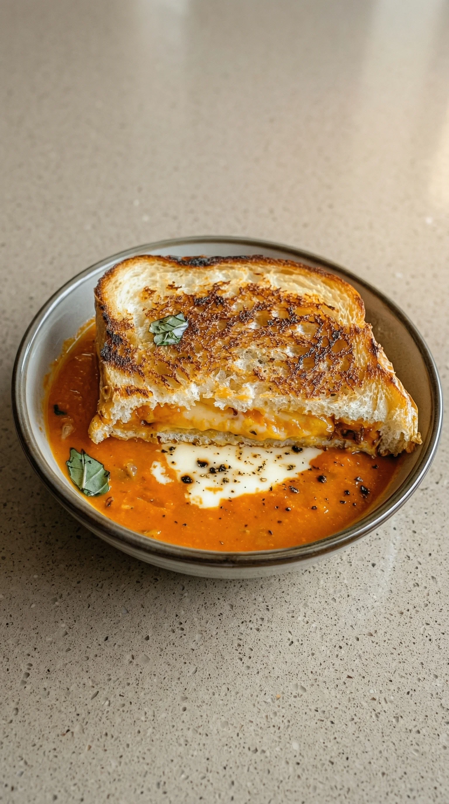 Ein Geröstetes Käsebrot mit Gegrilltem Käse und Tomaten in einer Schüssel.