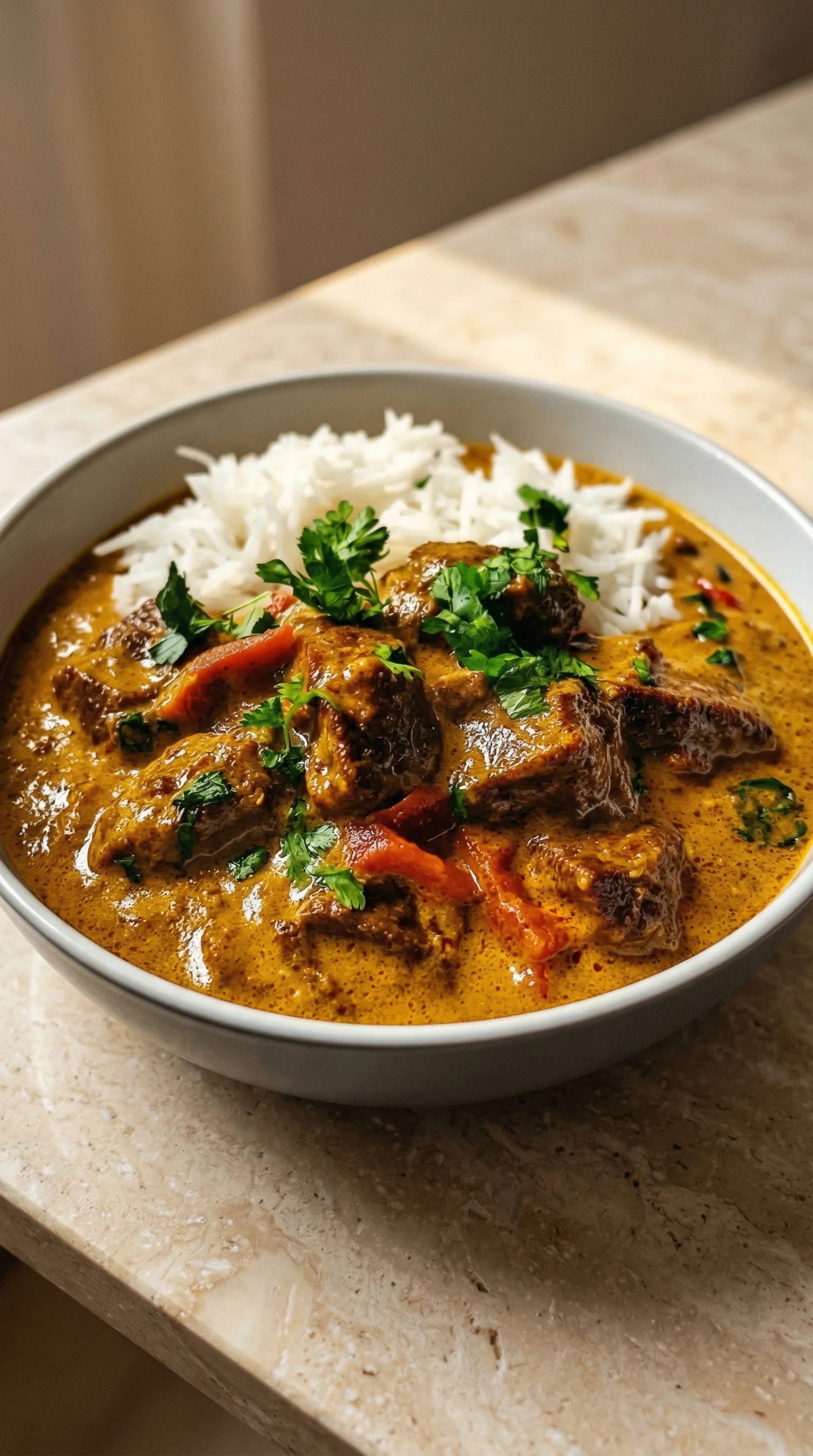 Ein weißer Teller mit Lamm in cremigem Kardamom Curry.