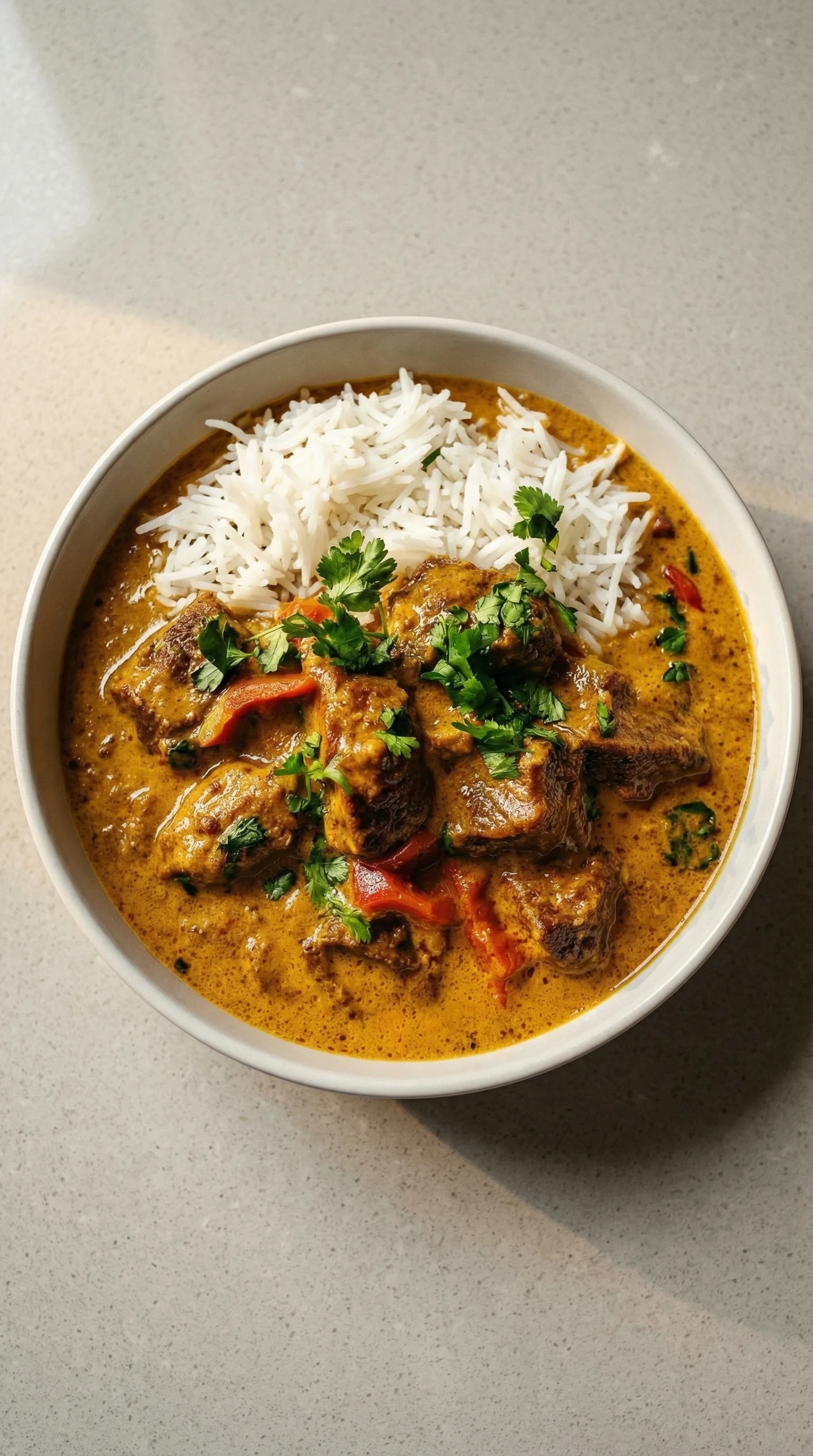 Ein weißer Teller mit Lamm in cremigem Kardamom Curry.