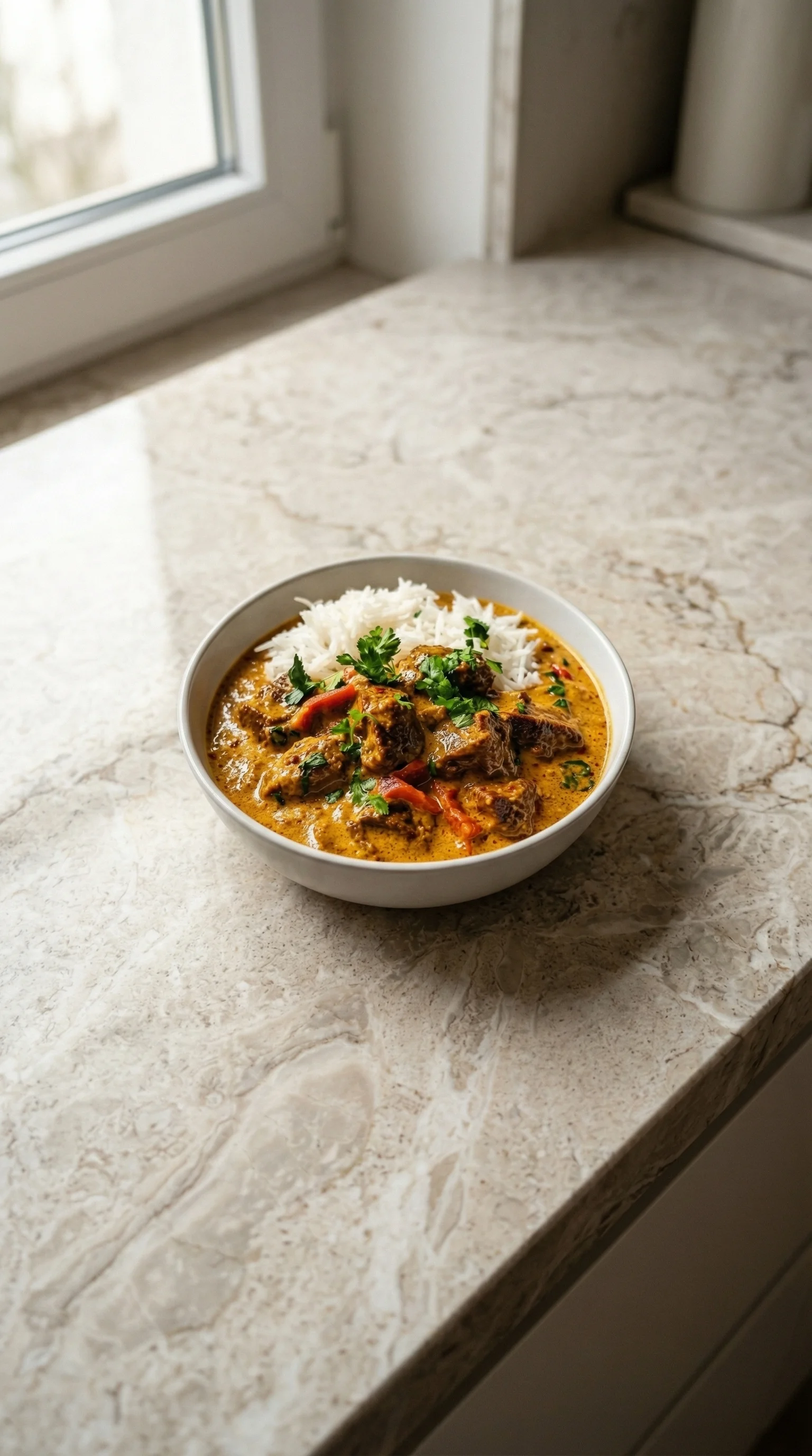 Ein weißer Teller mit Lamm in cremigem Kardamom Curry.