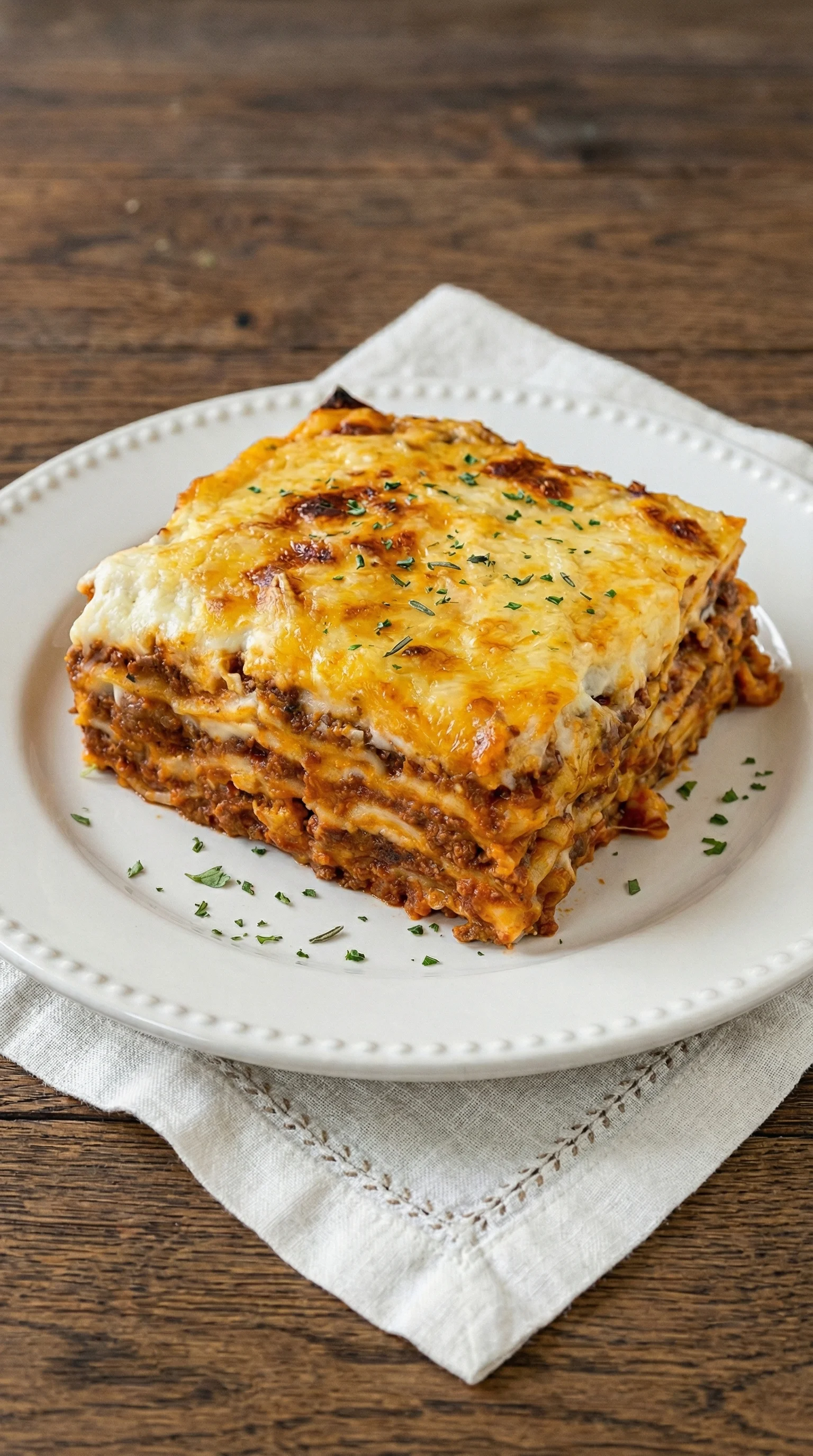 Eine Lasagne auf einem weißen Plate.