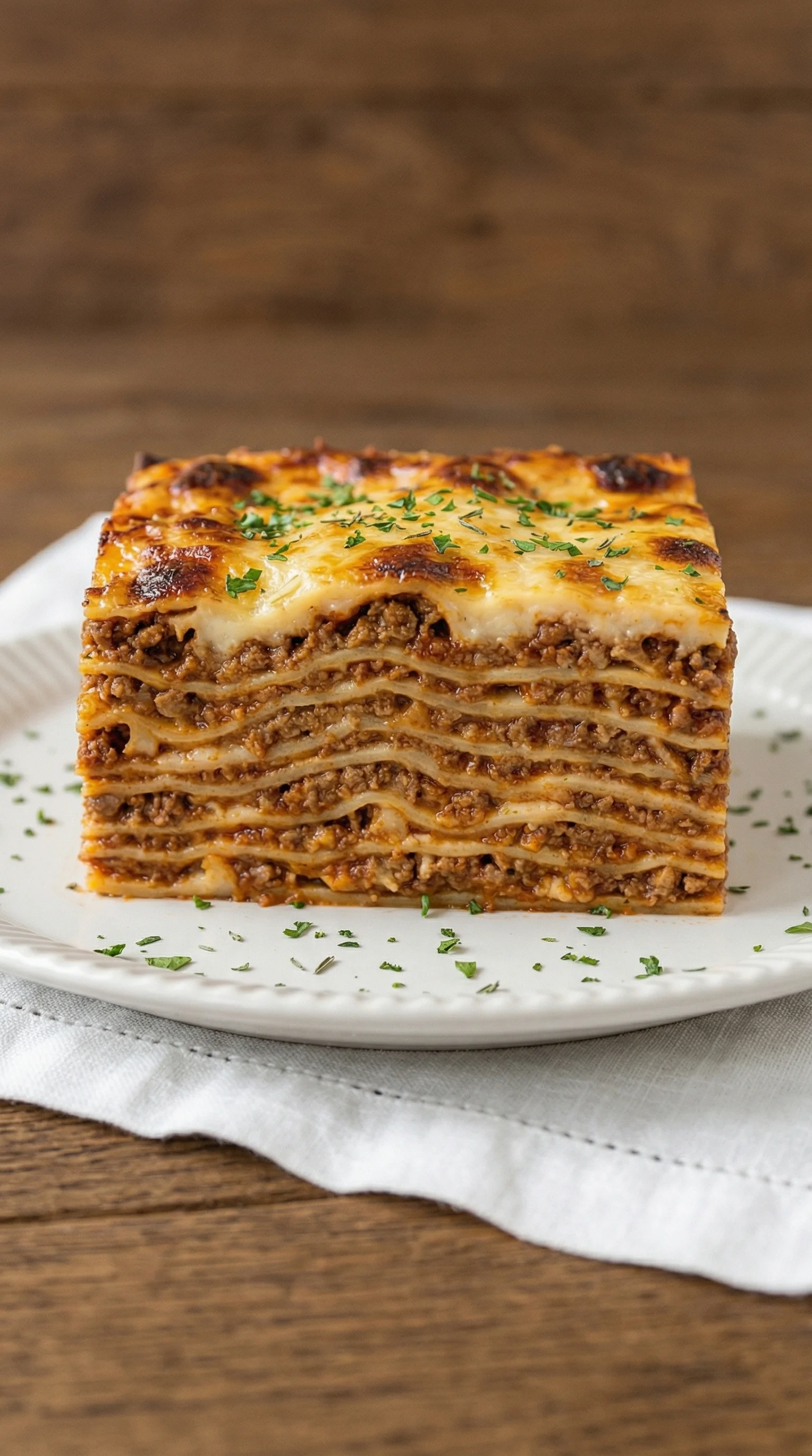 Eine Lasagne auf einem weißen Teller.