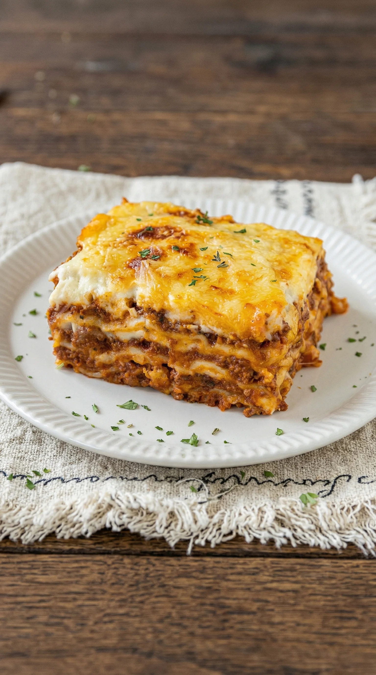 Eine Lasagne auf einem weißen Teller.
