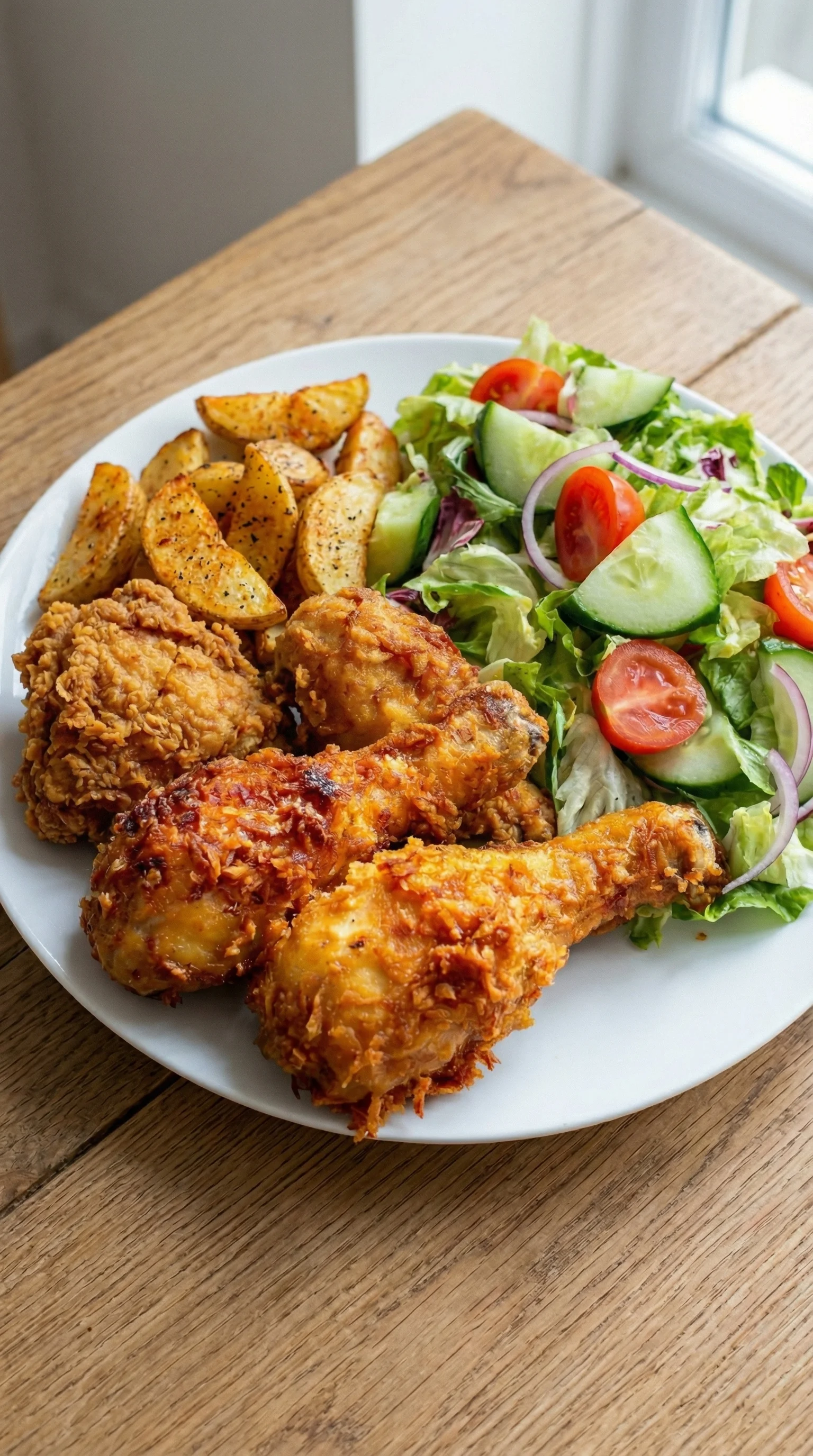 Ein weißer Teller mit Hähnchen, Bratkartoffeln und Gartensalat.