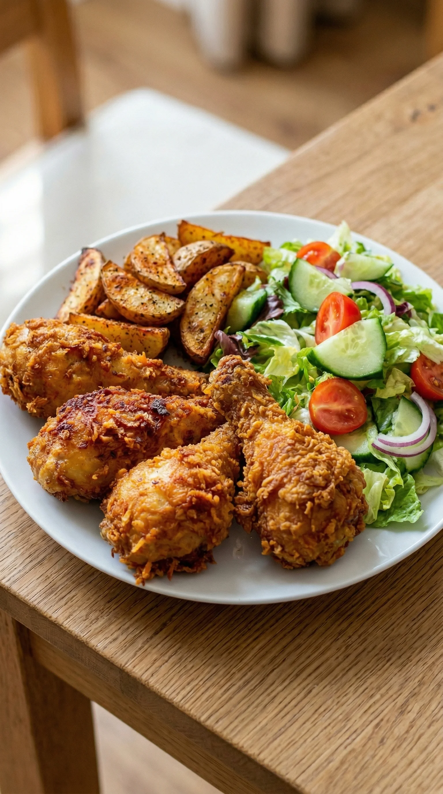 Ein weißer Teller mit Hähnchen, Bratkartoffeln und Gartensalat.