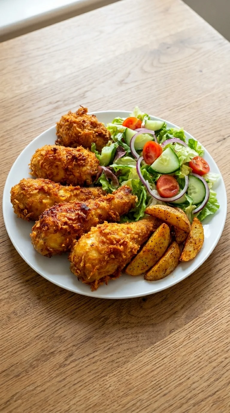 Ein weißer Teller mit Knusprig gebratenem Hähnchen, Bratkartoffeln und Gartensalat.