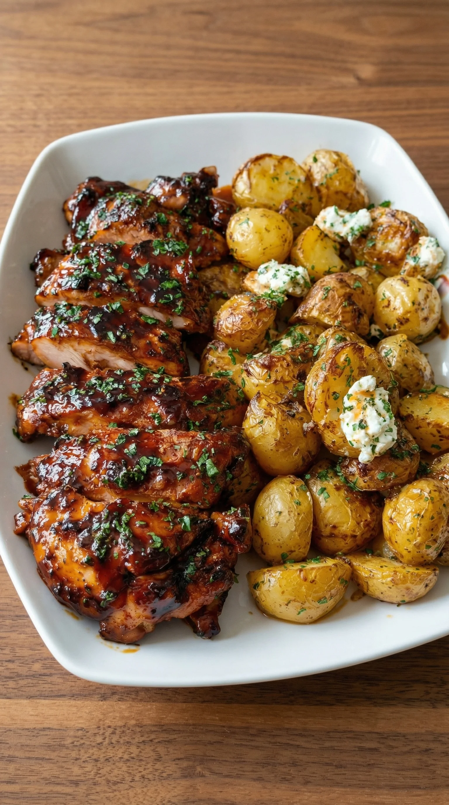 Ein Plate mit Honey BBQ Chicken und Knoblauchkartoffeln.