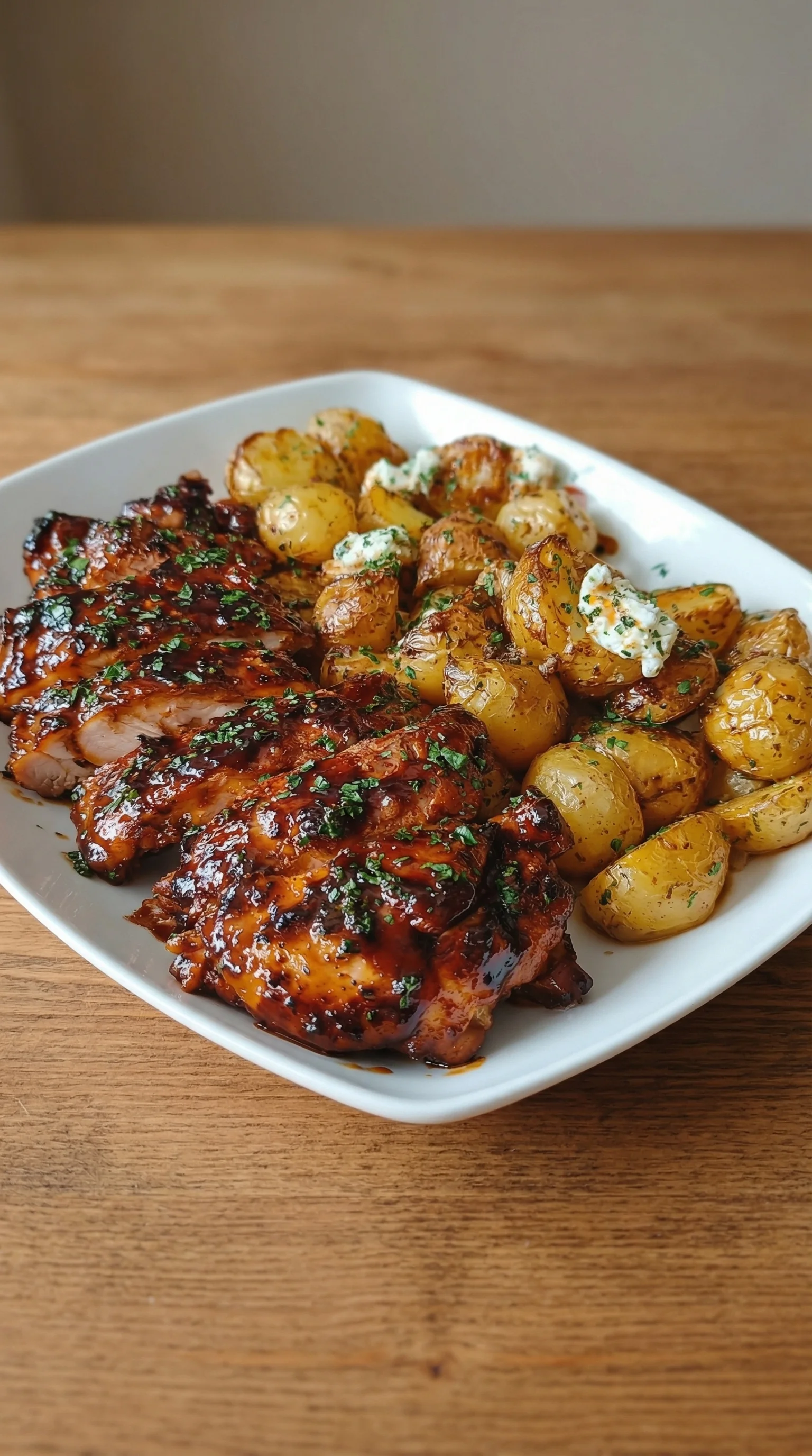 Ein weißer Teller mit Honey BBQ Chicken und Knoblauchkartoffeln.