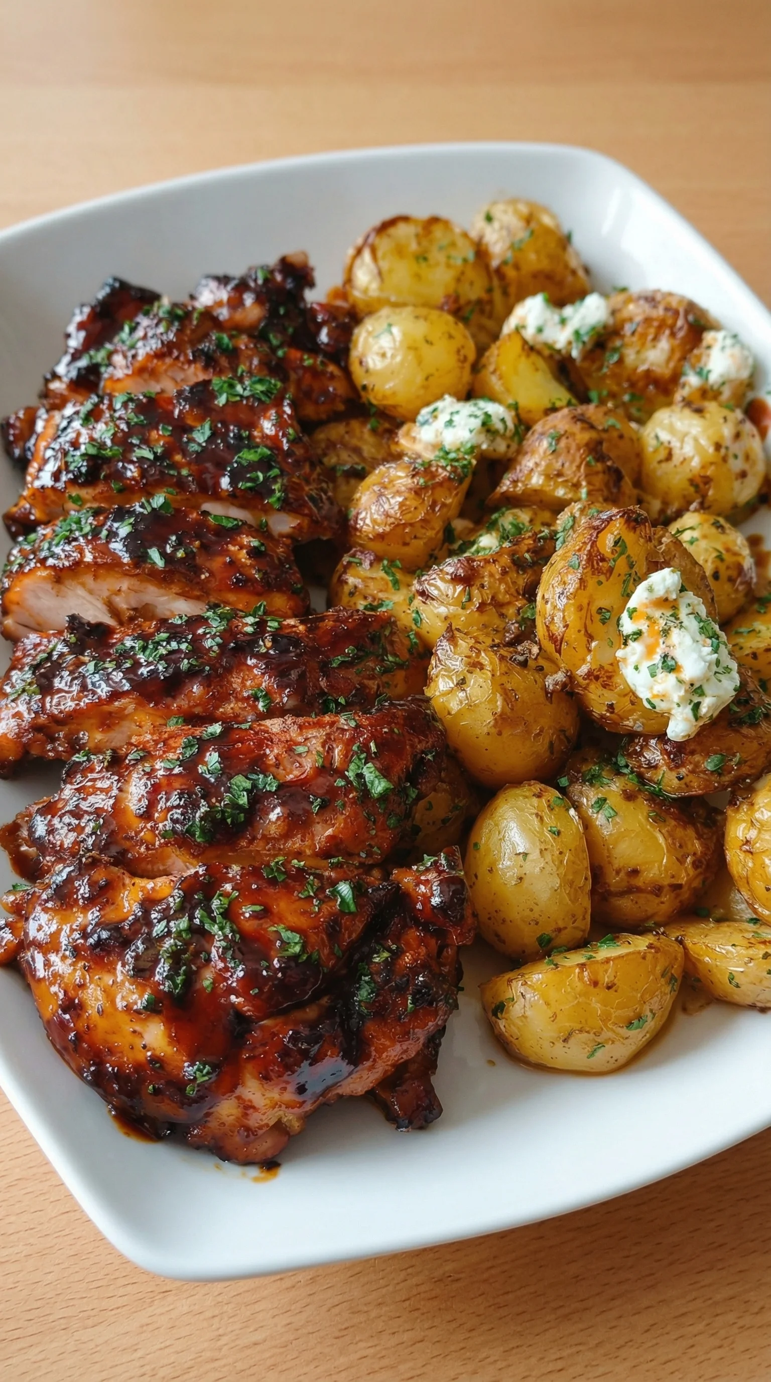 Ein Bild von Honey BBQ Chicken mit Knoblauchkartoffeln auf einem Teller.