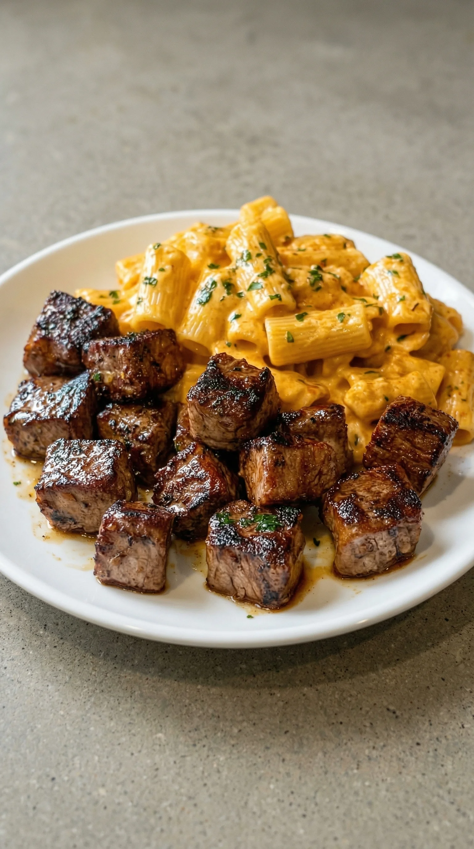 Ein weißer Teller mit einem Häppchen aus Steak, Knoblauchbutter und cremiger Käse-Pasta.