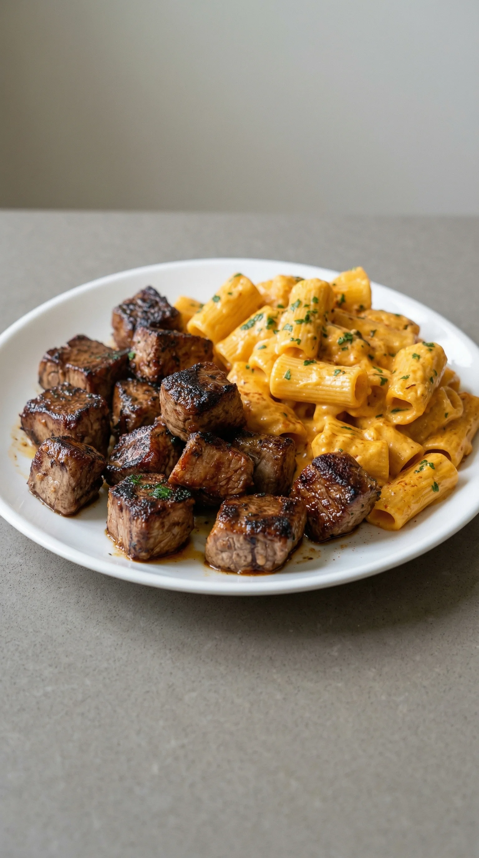 Ein weißer Teller mit einem Häppchen aus Steak, Knoblauchbutter und cremiger Käse-Pasta.