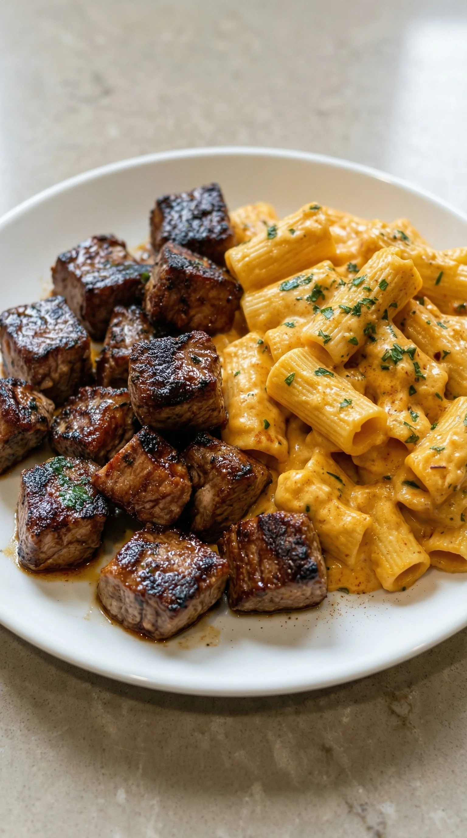 Ein weißer Teller mit einem Häppchen aus Steak, Knoblauchbutter und cremiger Käse-Pasta.