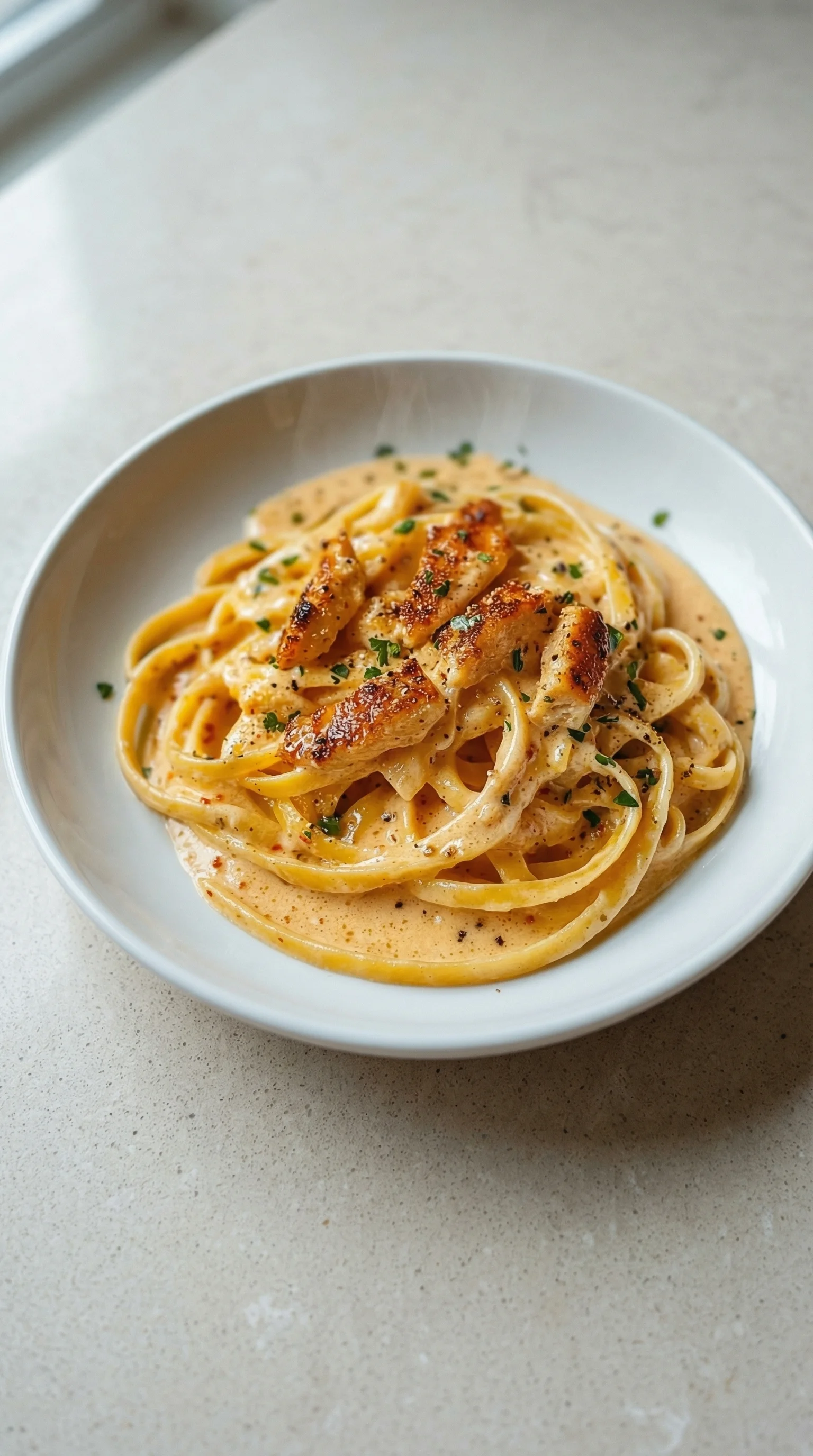 Eine Platte mit cremiger Hähnchen-Alfredo-Nudeln, die mit Parmesan und Knoblauch garniert sind.