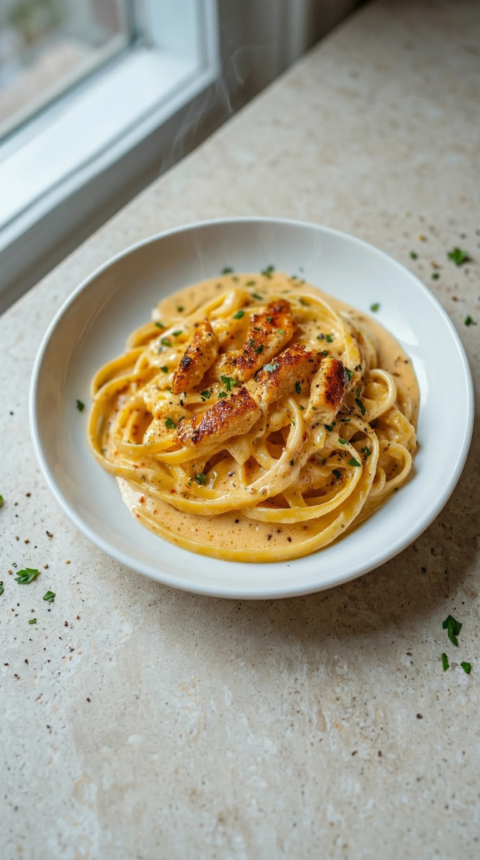 Ein weißer Teller mit cremiger Hähnchen-Alfredo-Nudeln.