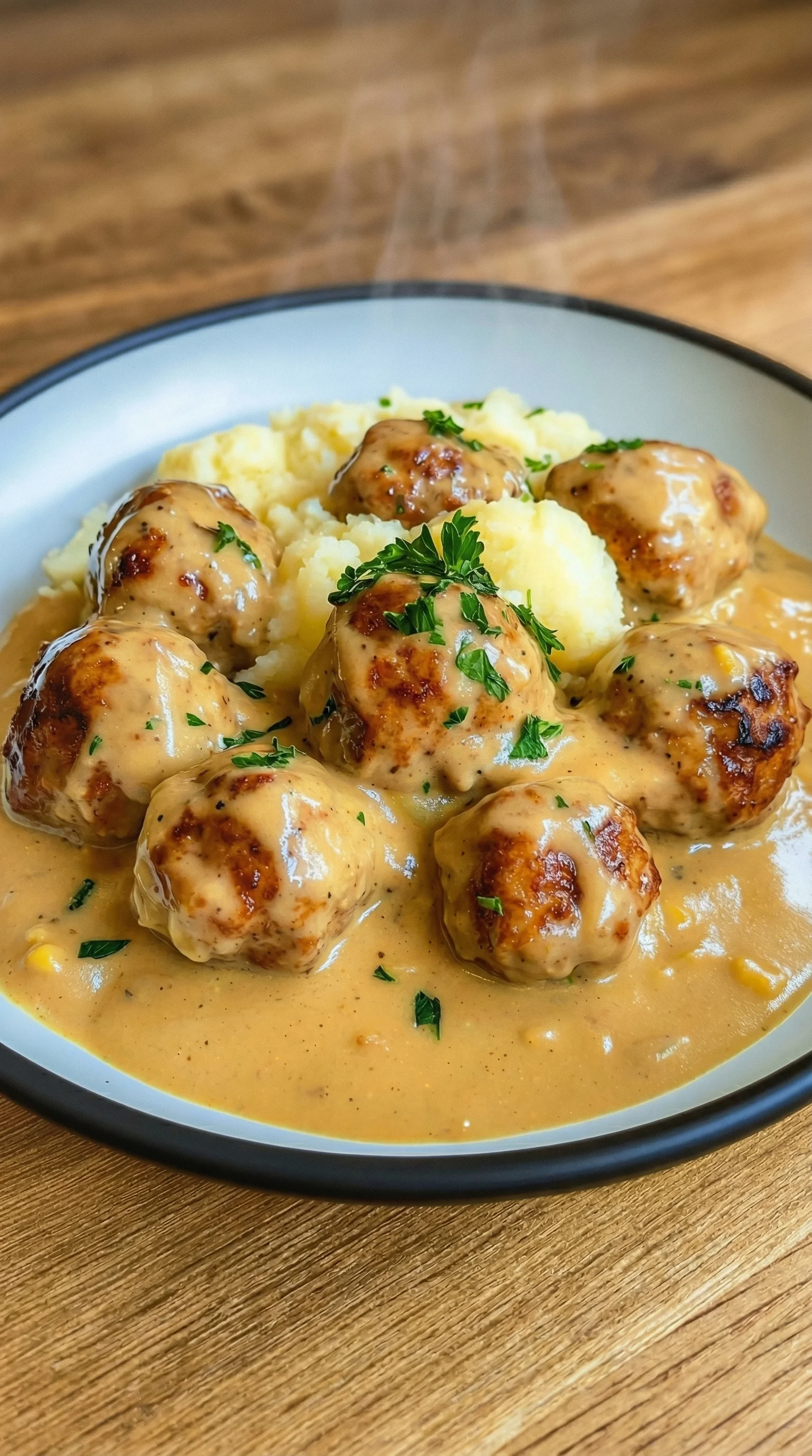 Ein Plate mit Hackbällchen in cremiger Sauce und Kartoffelpüree.