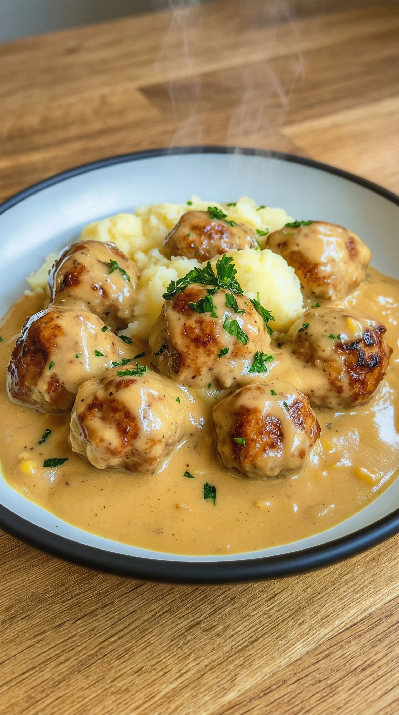 Ein Plate mit Hackbällchen in cremiger Sauce und Kartoffelpüree.