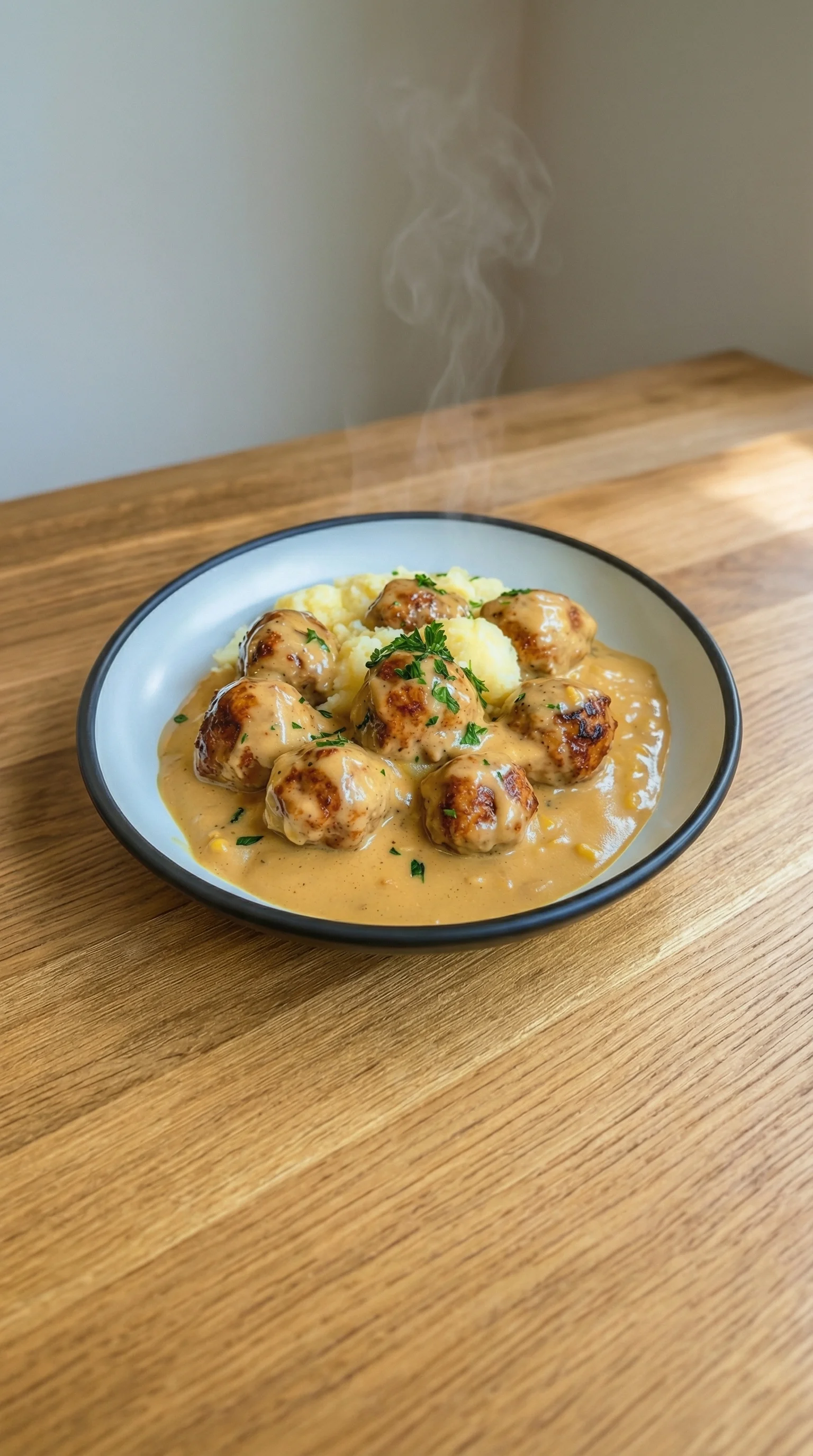 Ein weißer Teller mit Hackbällchen in cremiger Sauce und Kartoffelpüree.
