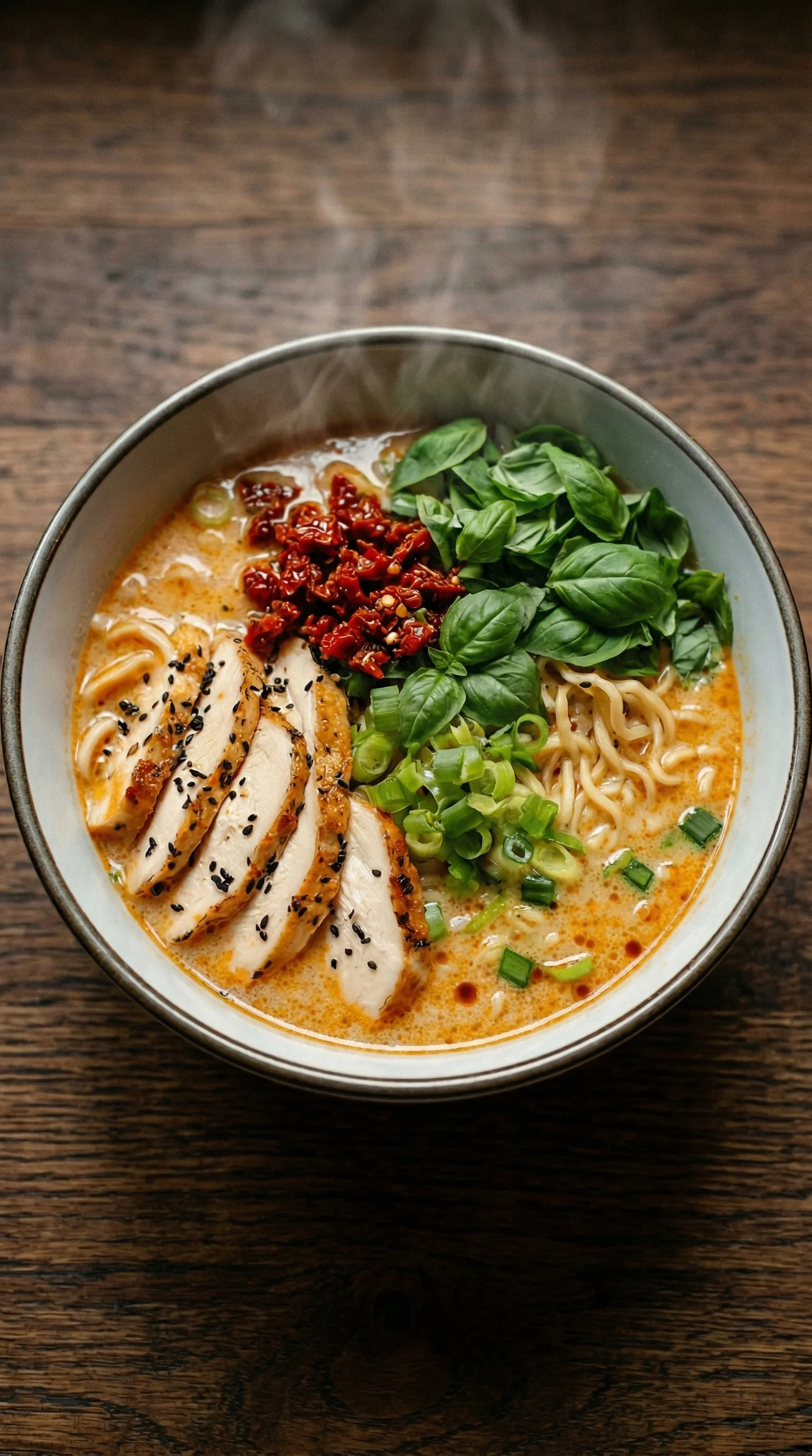 Ein Bier mit Chicken Ramen und Spinat.