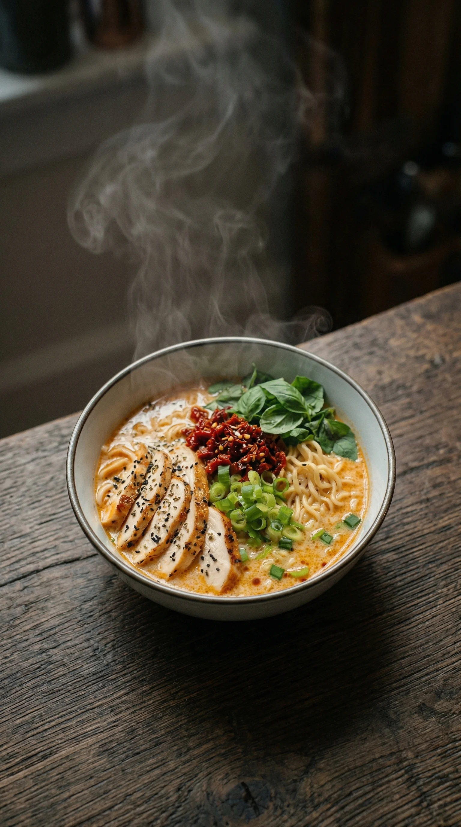 Ein Schalen mit Ramen, das mit Chicken, Zwiebeln und Spinat zubereitet wurde.