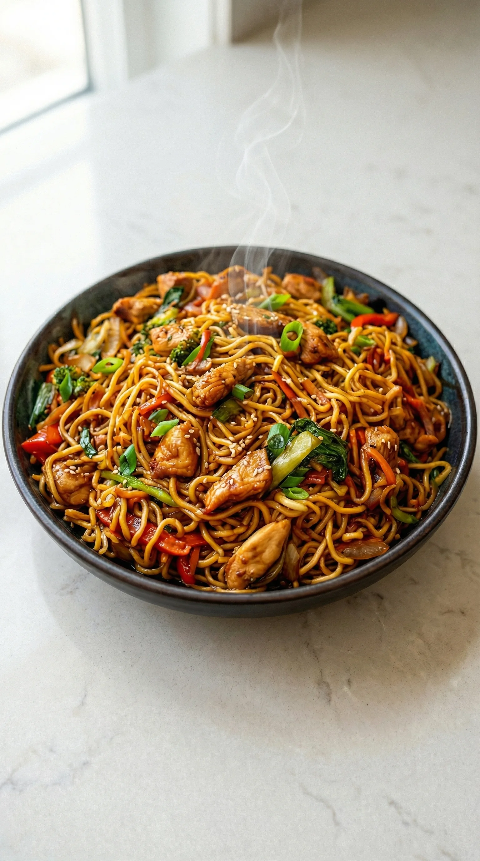Ein schwarzes, mit Hähnchen-Teriyaki-Nudeln gefülltes Bowl auf einem Tisch.