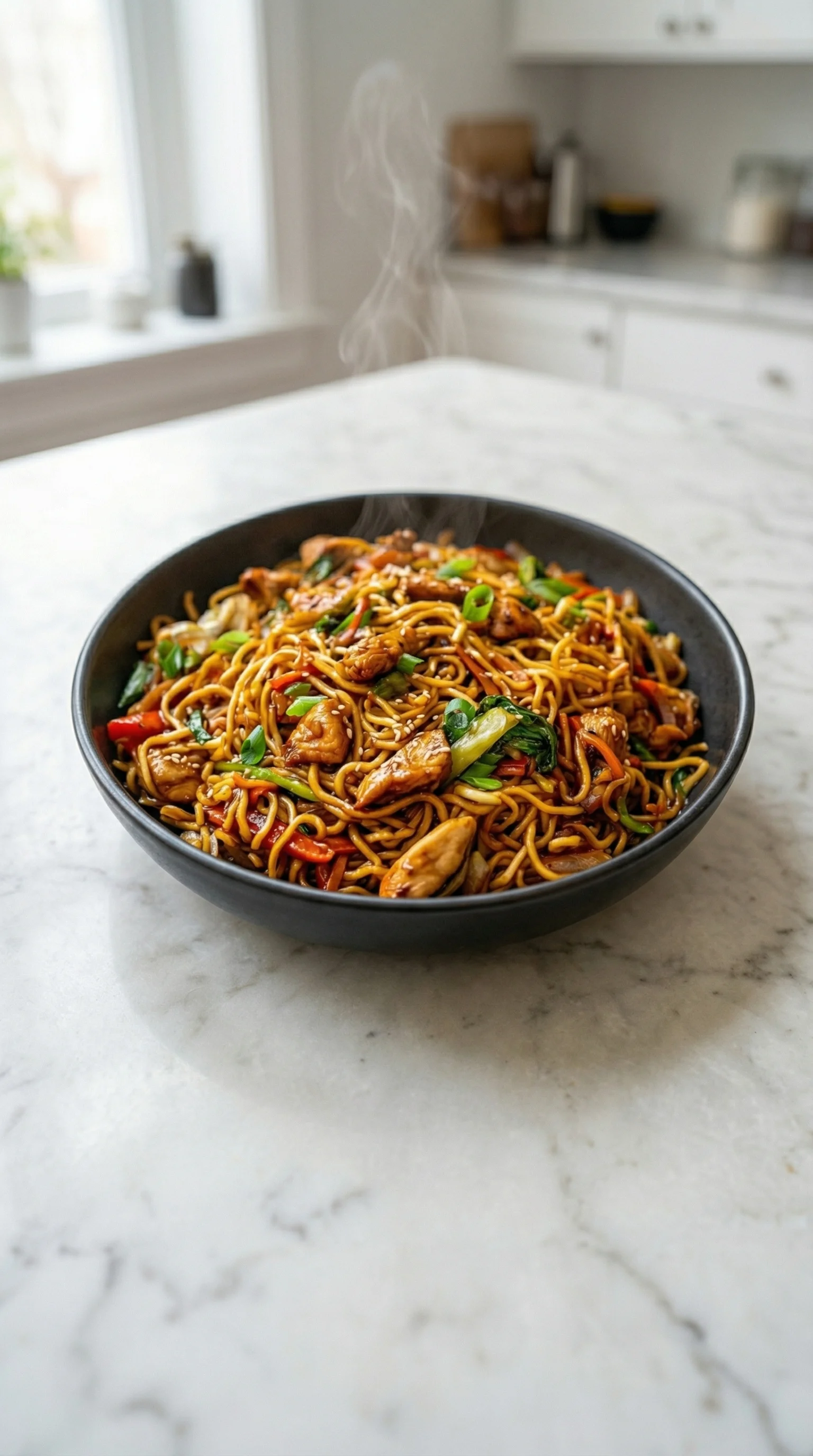 Ein schwarzes, glänzendes Bowl mit Hähnchen-Teriyaki-Nudeln, die in einem Topf gekocht wurden.